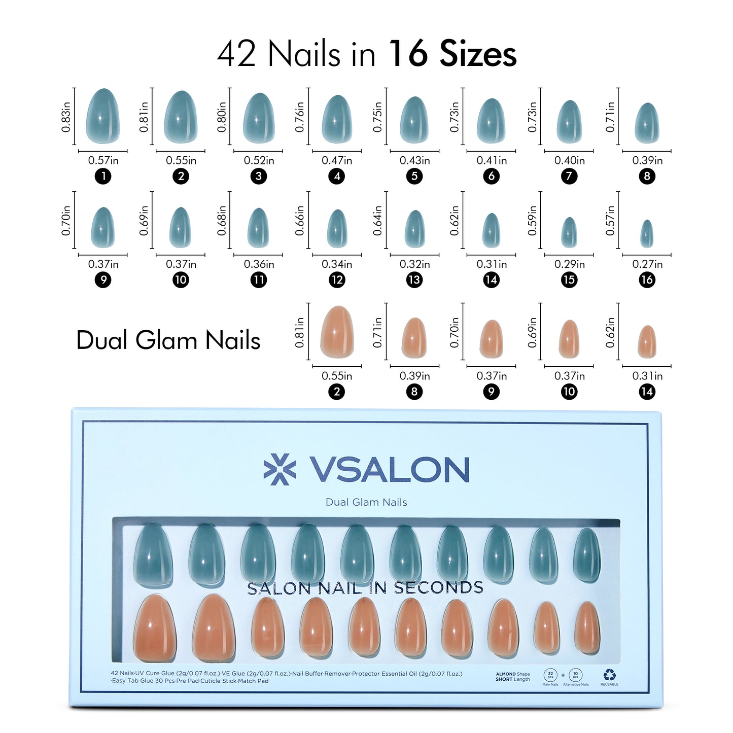 VSALON Dual Glam Nails Charming Blossoms Solid Color Short Almond Press On Nails Size Chart – shows length and width for each press on nail.