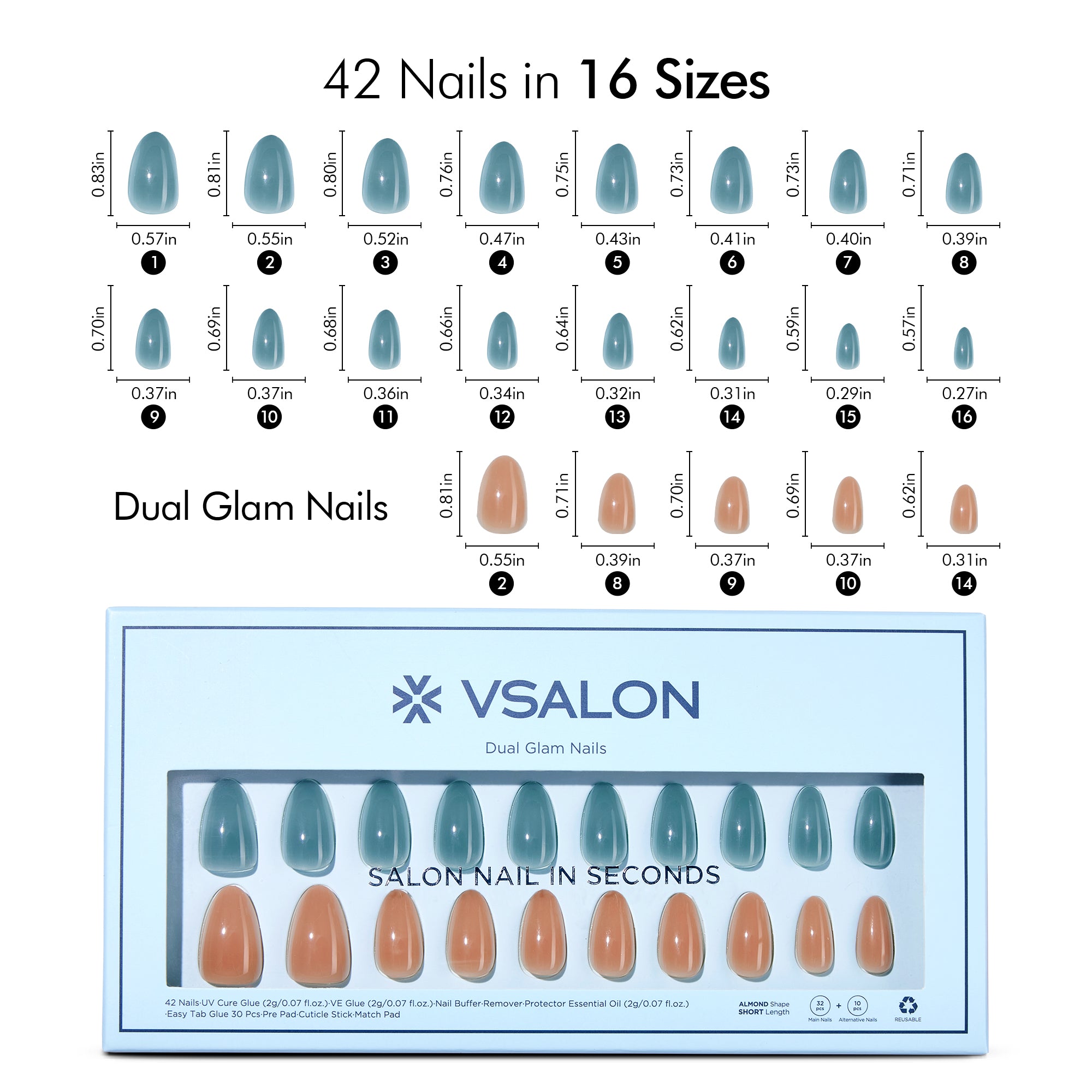 VSALON Dual Glam Nails Charming Blossoms Solid Color Short Almond Press On Nails Size Chart – shows length and width for each press on nail.