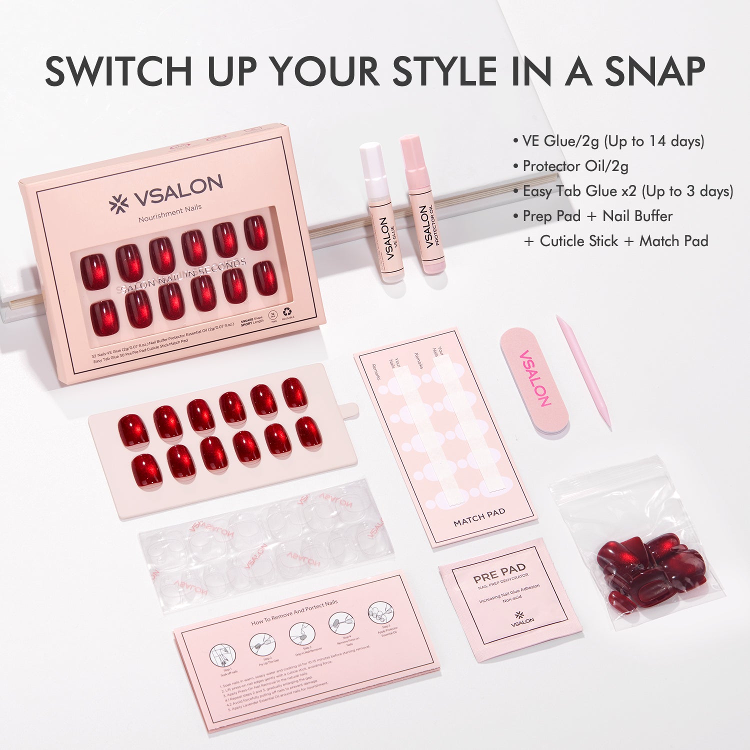 VSALON Nourishment Cider Red Cat Eye Short Square Press On Nails - easy to apply, salon-quality, lasts 25+ days.