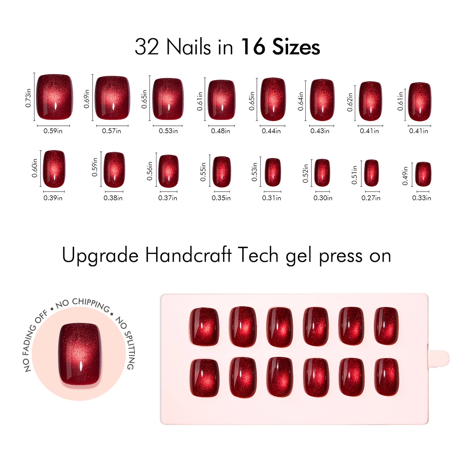 VSALON Nourishment Cider Red Cat Eye Short Square Press On Nails Size Chart – shows length and width for each press on nail.