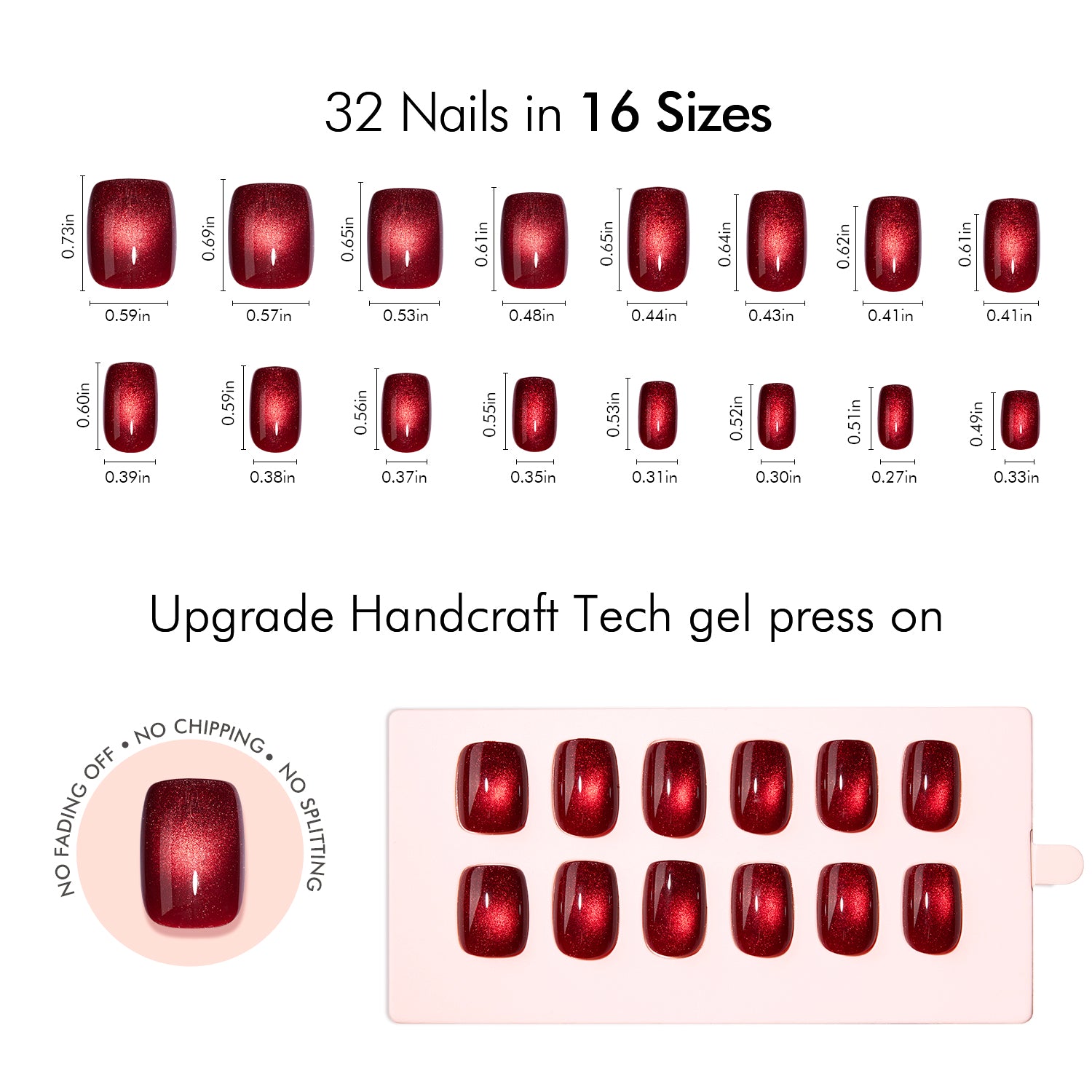 VSALON Nourishment Cider Red Cat Eye Short Square Press On Nails Size Chart – shows length and width for each press on nail.