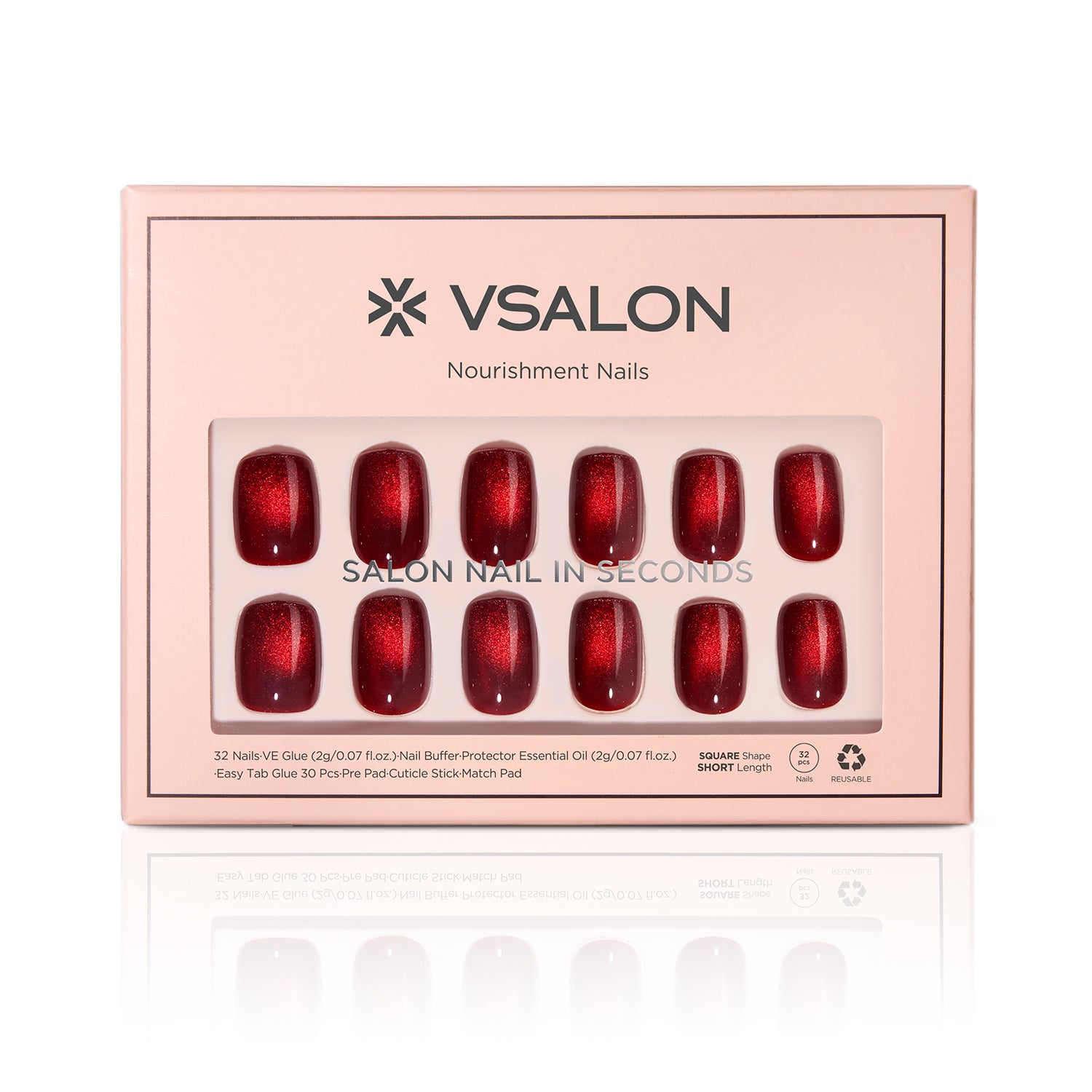 VSALON Nourishment Cider Red Cat Eye Short Square Press On Nails - easy to apply, salon-quality, lasts 25+ days.