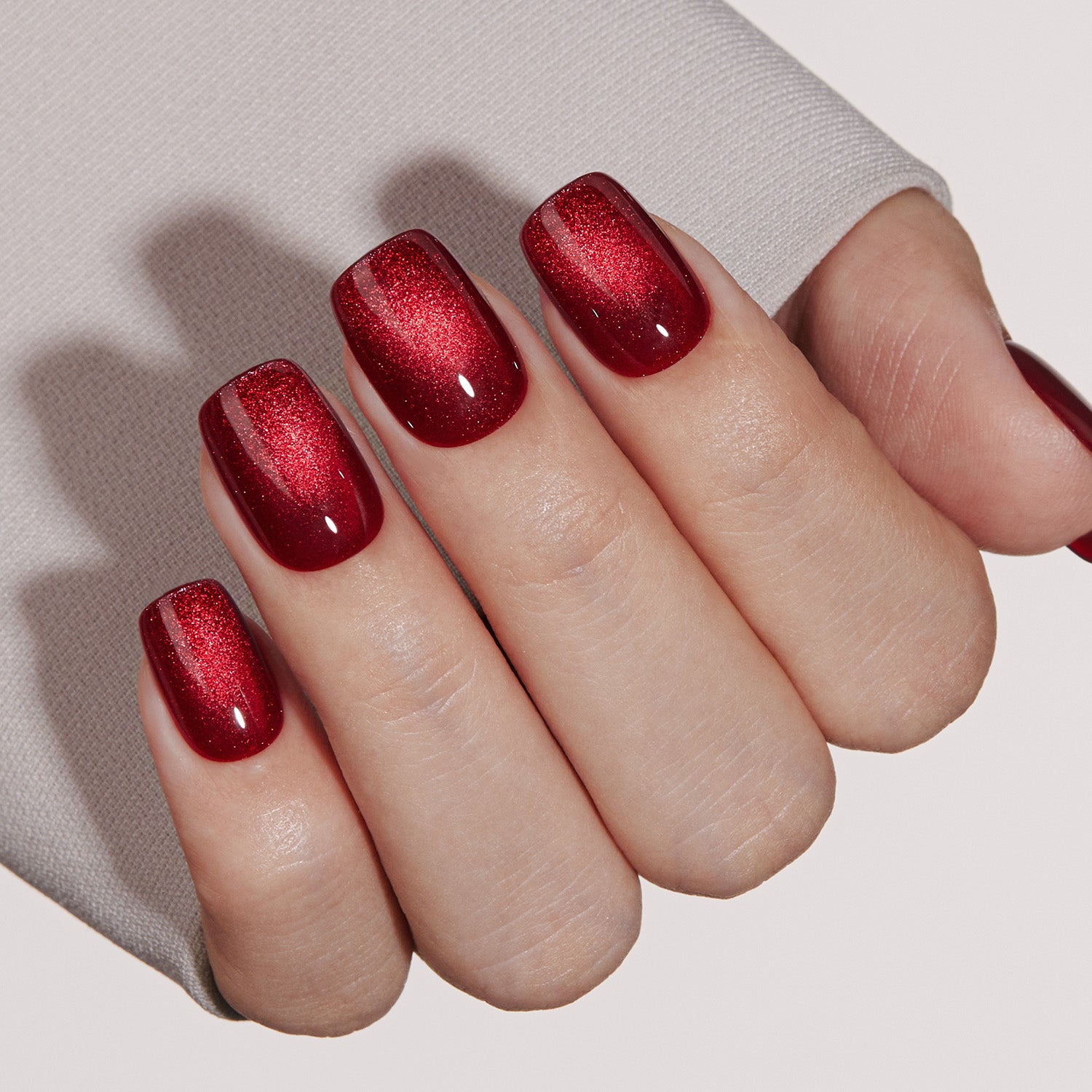 VSALON Nourishment Cider Red Cat Eye Short Square Press On Nails - elegant look worn on hands