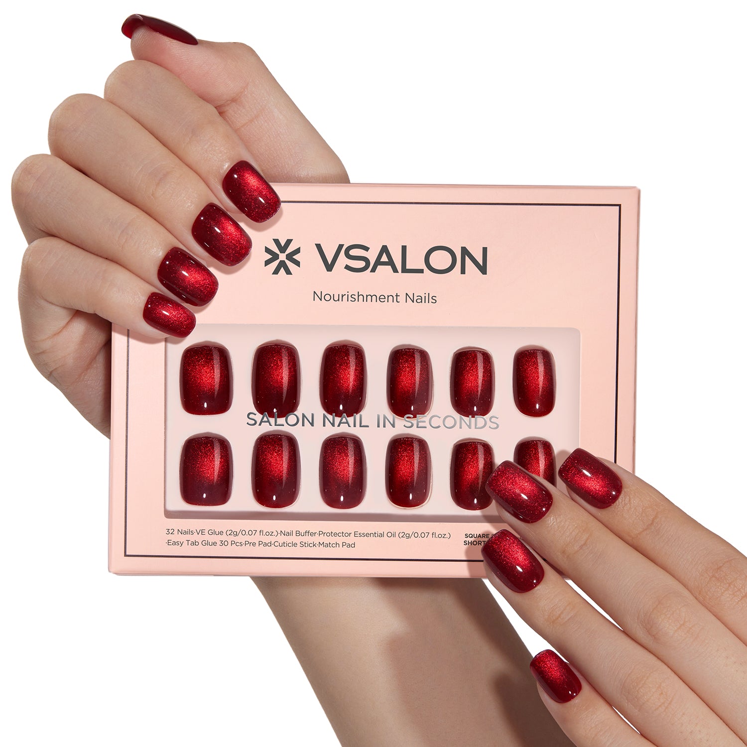 VSALON Nourishment Cider Red Cat Eye Short Square Press On Nails - natural look on hand model