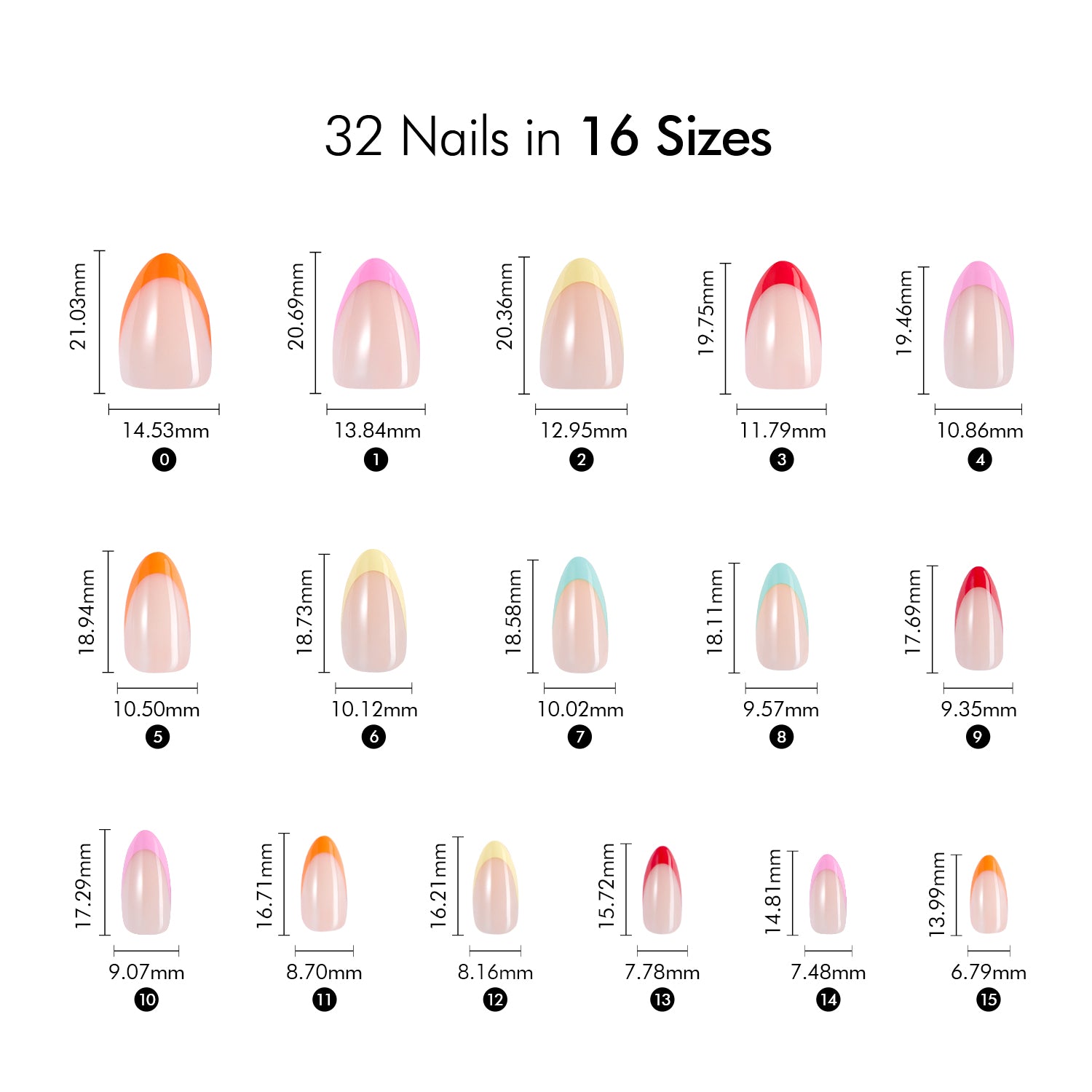 VSALON Nourishment Color Pop French Tips Short Almond Press On Nails Size Chart – shows length and width for each press on nail.