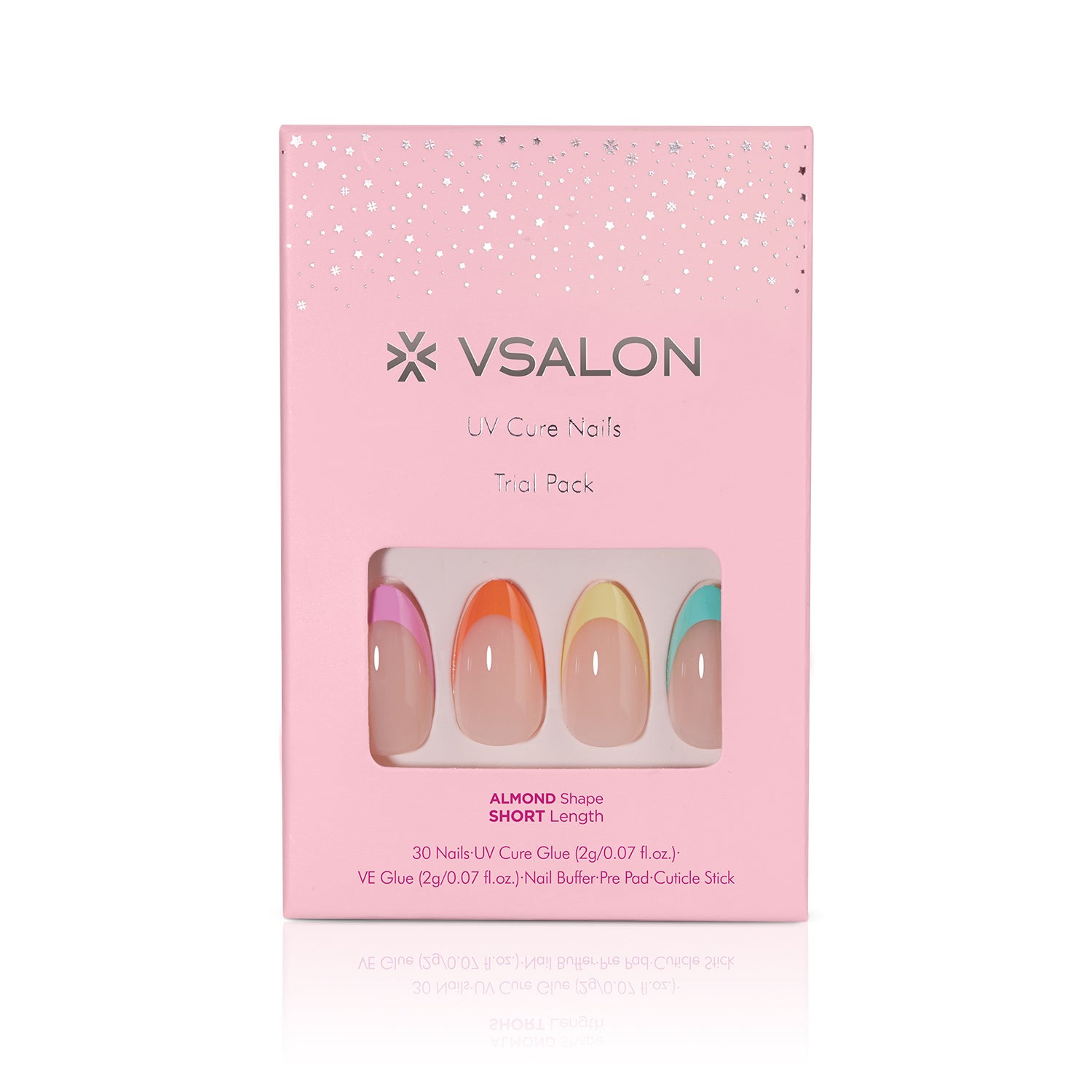 VSALON Nourishment Color Pop French Tips Short Almond Press On Nails - Front view of press on nails box showing style and nail set details