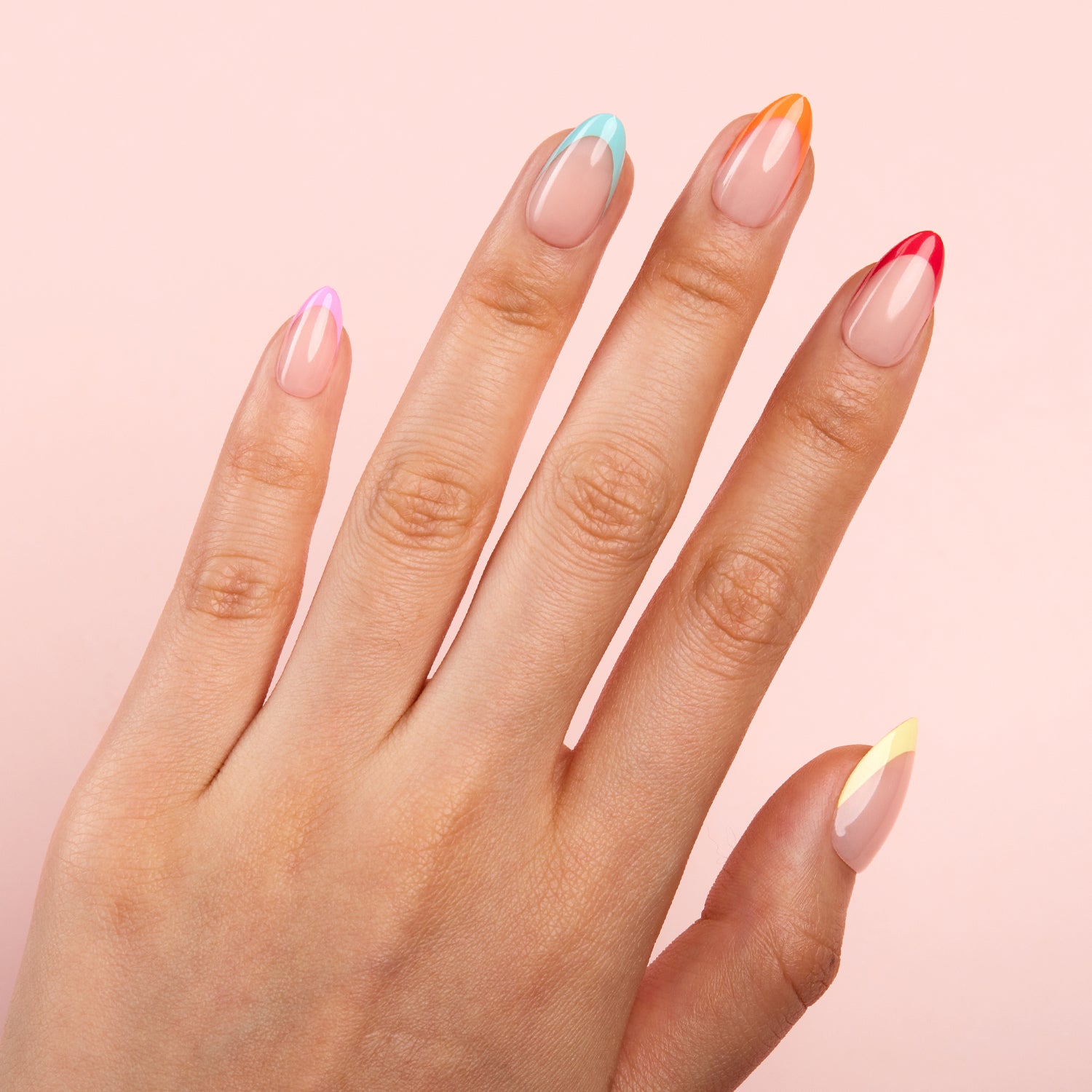 VSALON Nourishment Color Pop French Tips Short Almond Press On Nails - model wearing