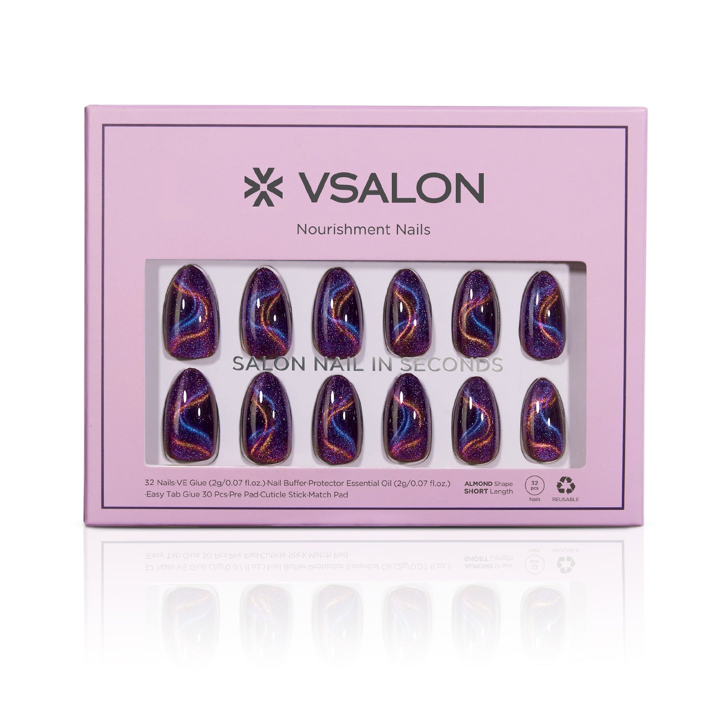 VSALON Nourishment Cosmos Purple Short Almond Press On Nails - easy to apply, salon-quality, lasts 25+ days.