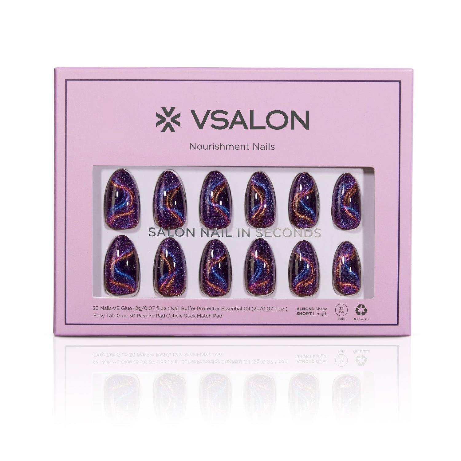 VSALON Nourishment Cosmos Purple Short Almond Press On Nails - easy to apply, salon-quality, lasts 25+ days.