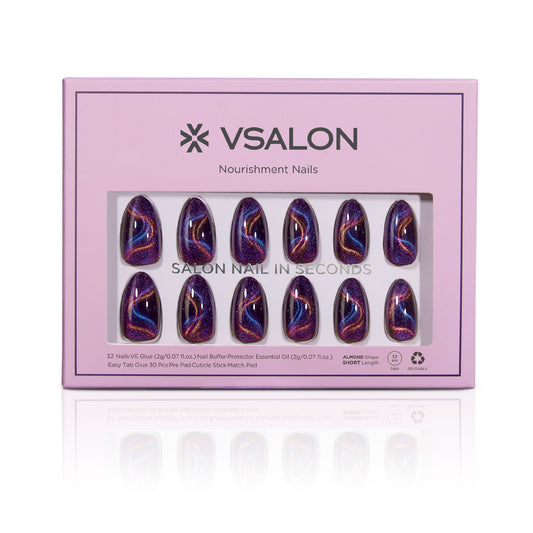 VSALON Nourishment Cosmos Purple Short Almond Press On Nails - easy to apply, salon-quality, lasts 25+ days.