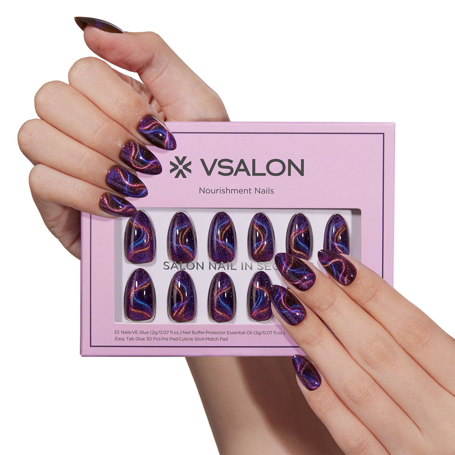 VSALON Nourishment Cosmos Purple Short Almond Press On Nails - salon-quality, long-lasting.