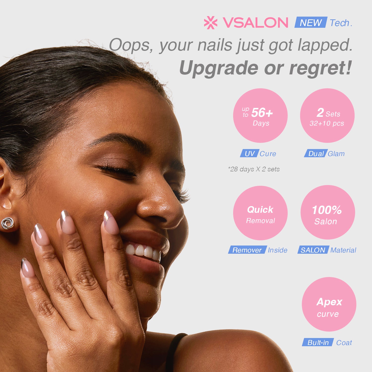 VSALON Dual Glam Nails Discours French Tips Short Almond Press On Nails - last up to 25+ days, salon-quality durability.