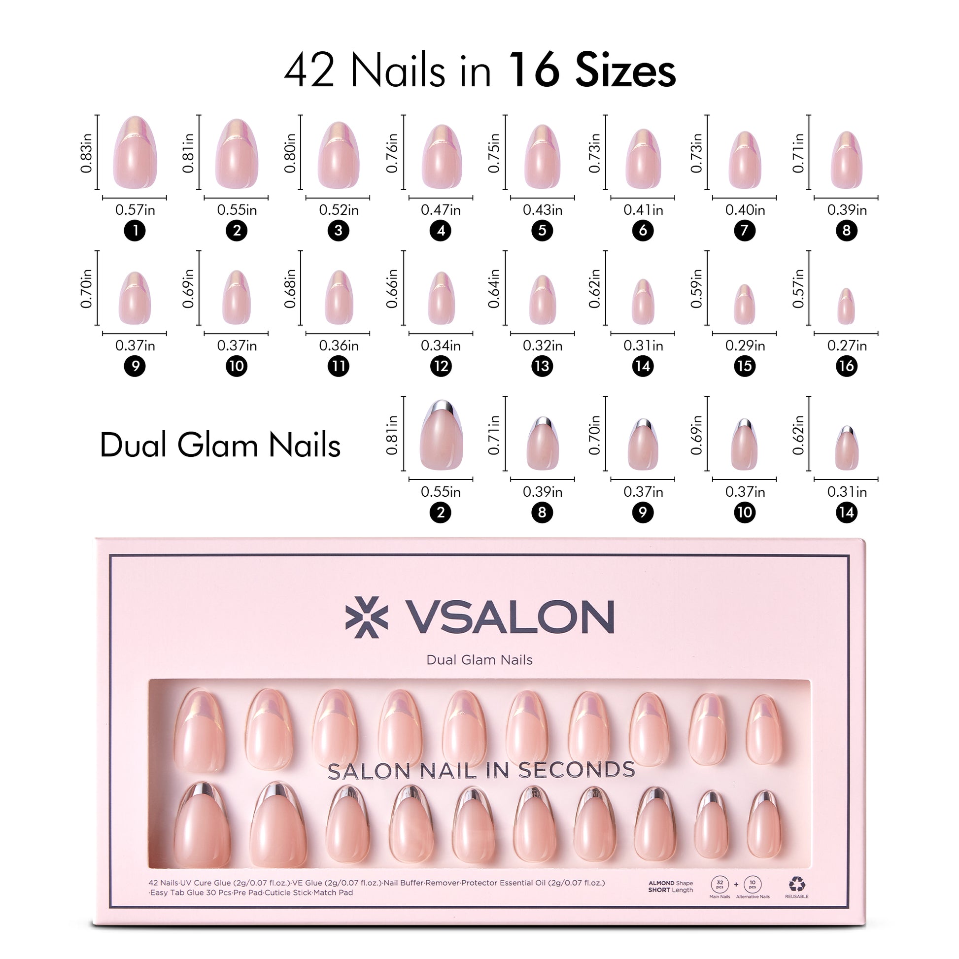 VSALON Dual Glam Nails Discours French Tips Short Almond Press On Nails Size Chart – shows length and width for each press on nail.