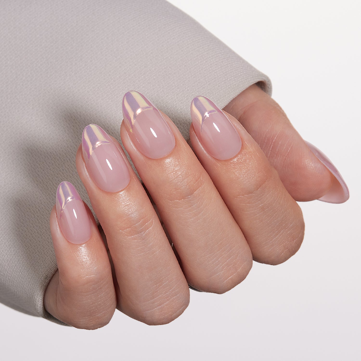 VSALON Dual Glam Nails Discours French Tips Short Almond Press On Nails - Close-up of model's hand bending fingers to hold VSALON press on nails – highlighting nail design and color details