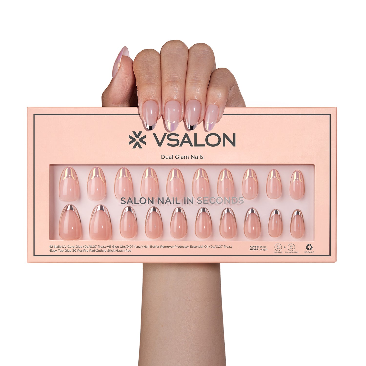 VSALON Dual Glam Nails Discours French Tips Short Almond Press On Nails - model's hand holding the top of the box – displaying nail design and product packaging