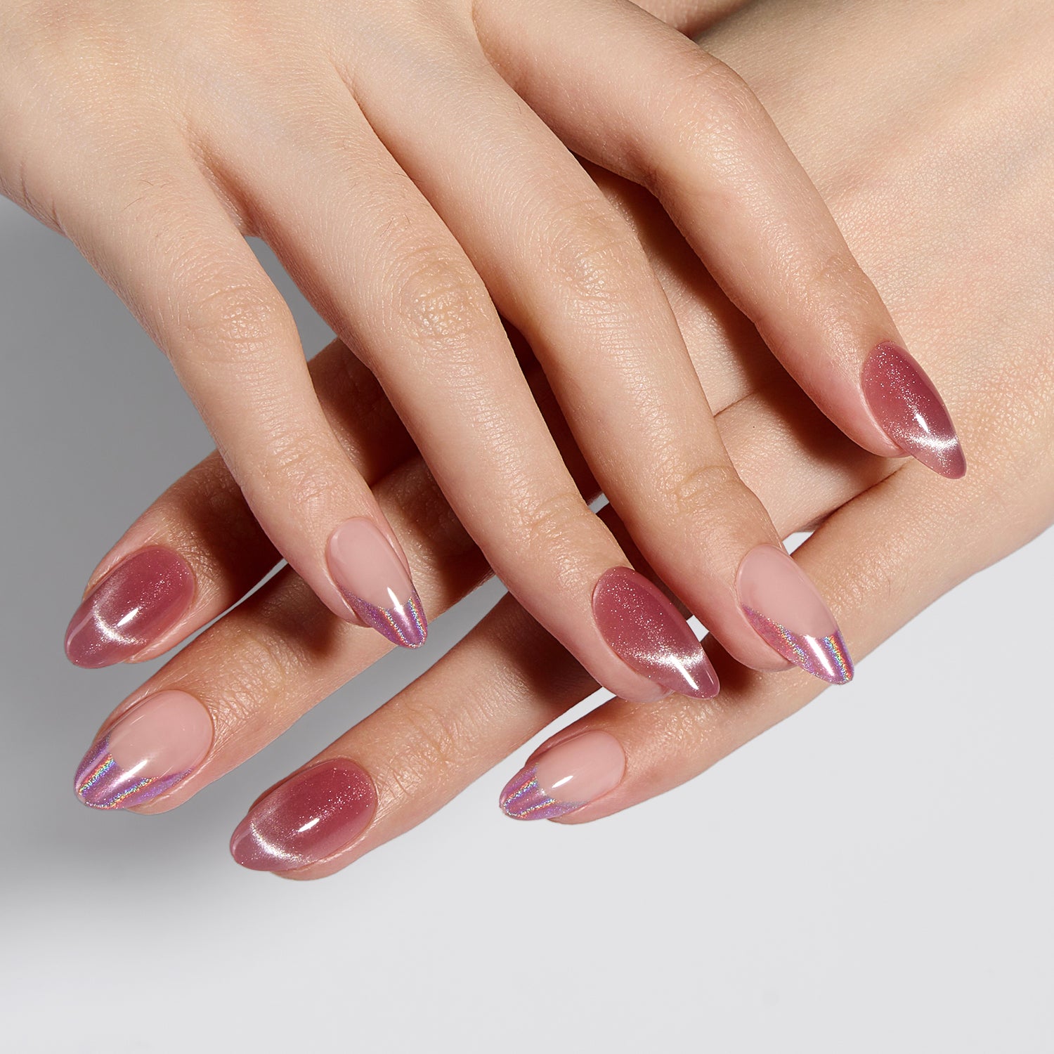 VSALON Dual Glam “Potion” Short Almond Press On Nails – elegant look worn on hands.