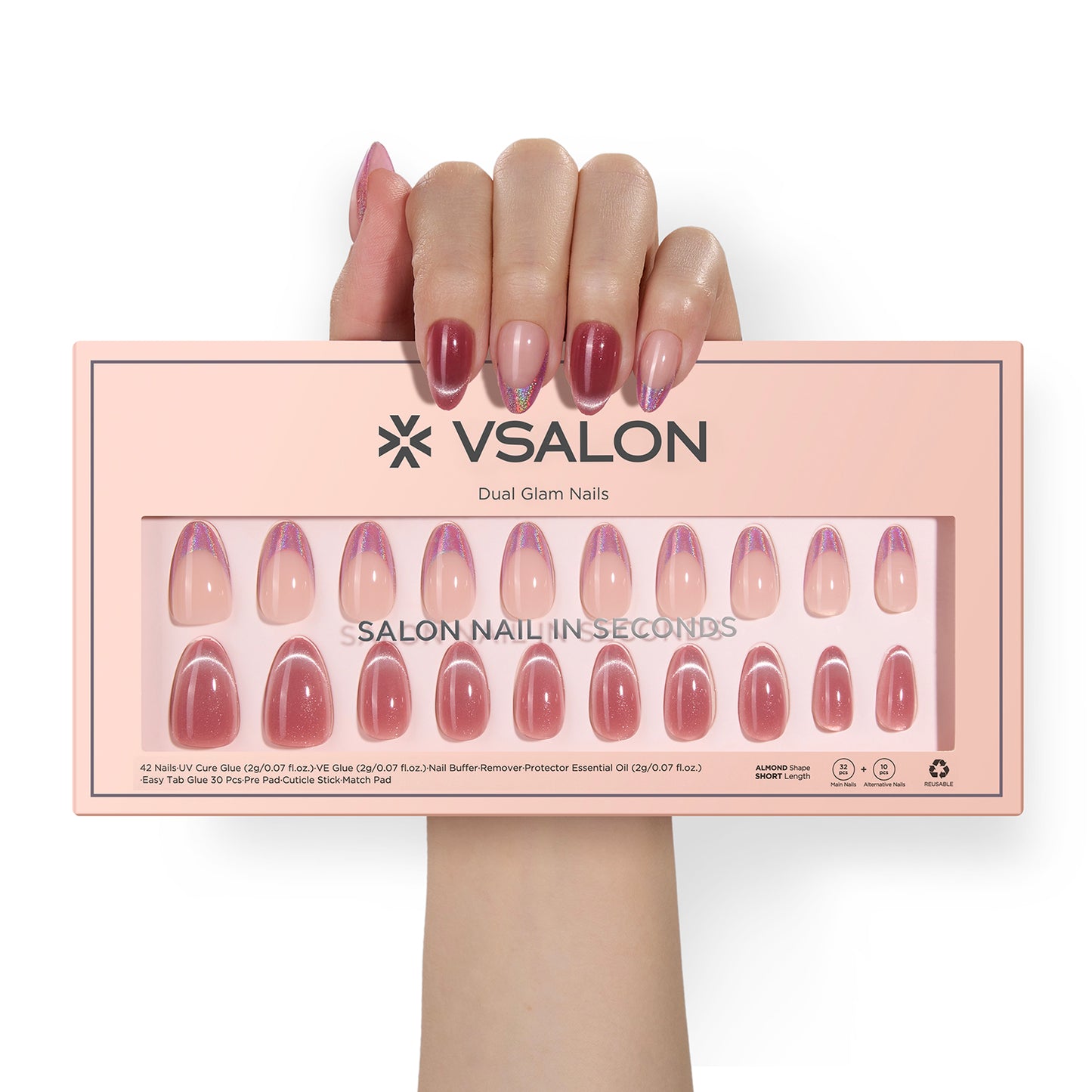 VSALON Dual Glam “Potion” Short Almond Press On Nails – natural look on hand model.