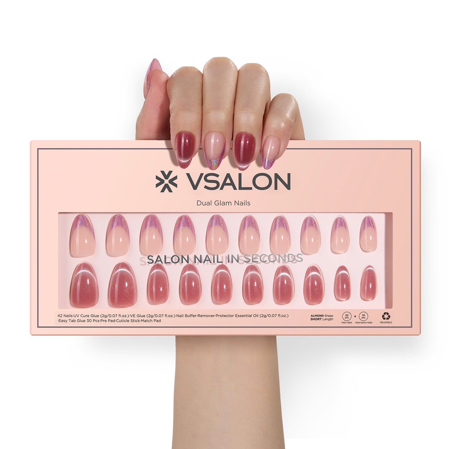 VSALON Dual Glam “Potion” Short Almond Press On Nails – natural look on hand model.