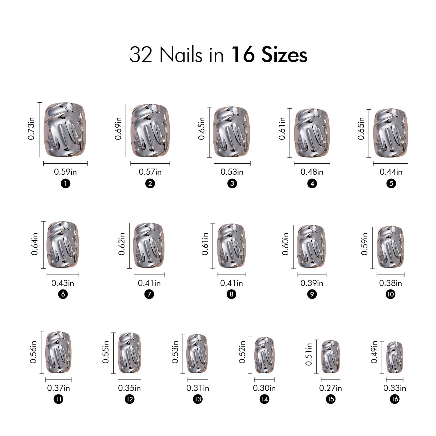 VSALON Nourishment Edge Mirage Rock 3D Textured Short Square Press On Nails Size Chart – shows length and width for each press on nail.