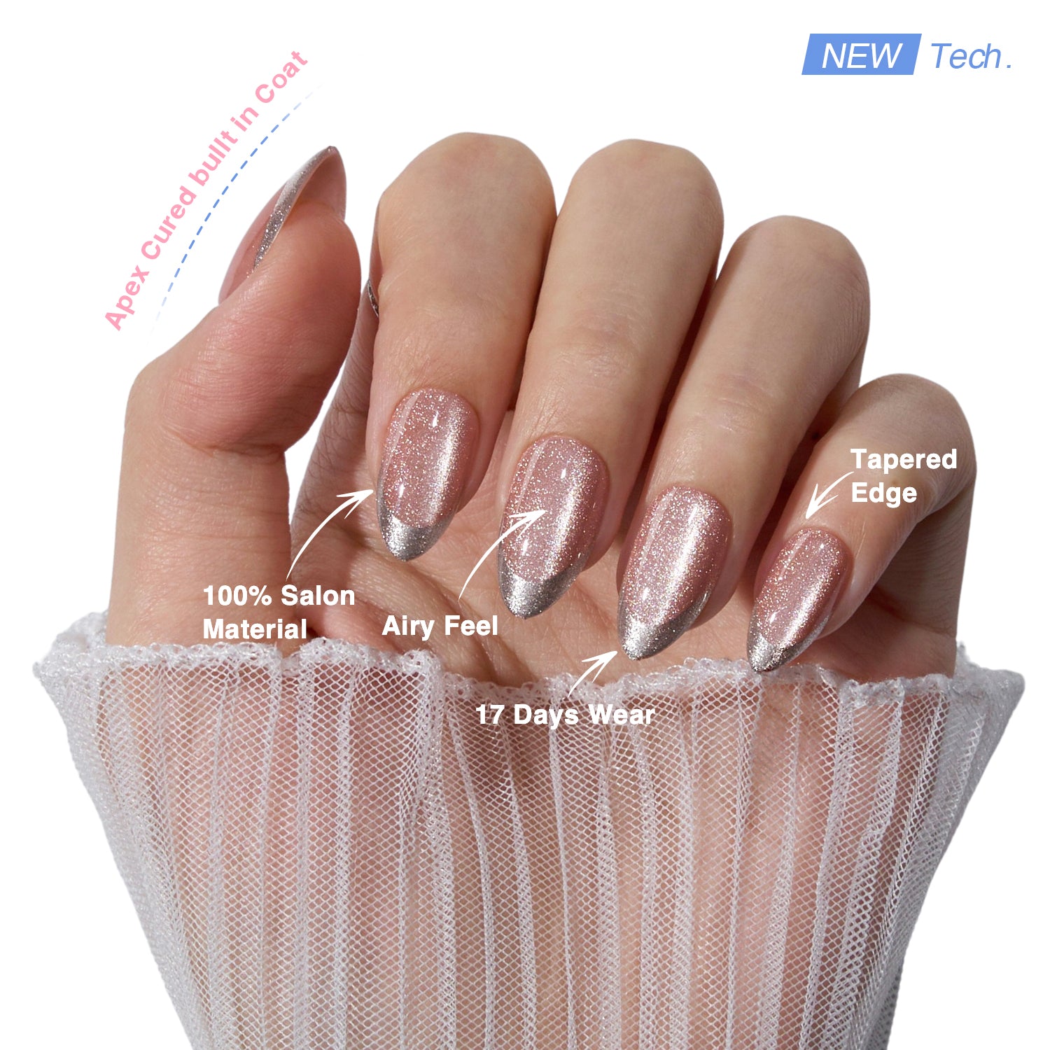 VSALON Nourishment First Dance Pink Metallic French Tips  Short Almond Press On Nails - last up to 25+ days, salon-quality durability.