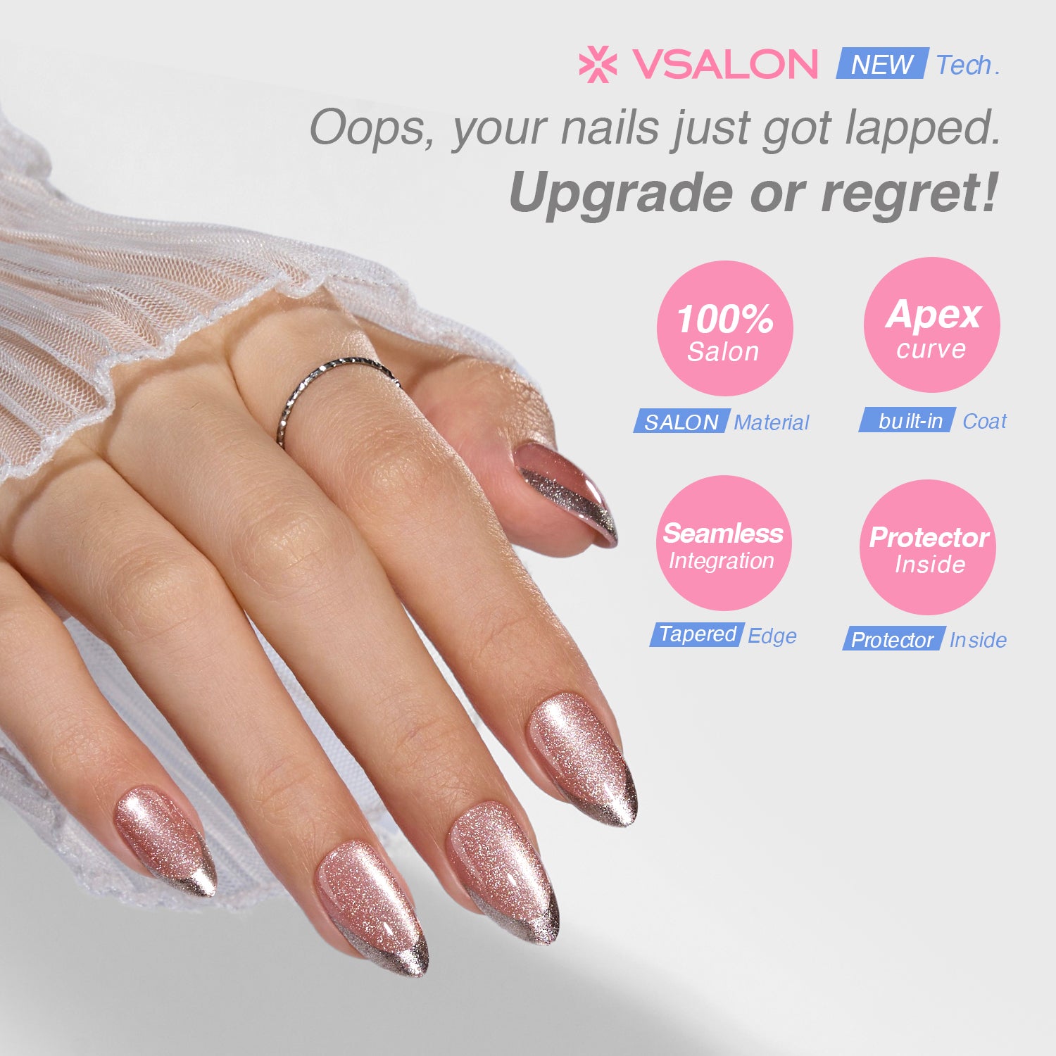 VSALON Nourishment First Dance Pink Metallic French Tips  Short Almond Press On Nails - last up to 25+ days, salon-quality durability.