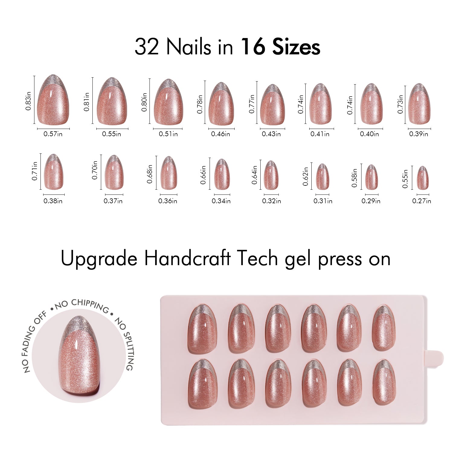 VSALON Nourishment First Dance Pink Metallic French Tips  Short Almond Press On Nails Size Chart – shows length and width for each press on nail.