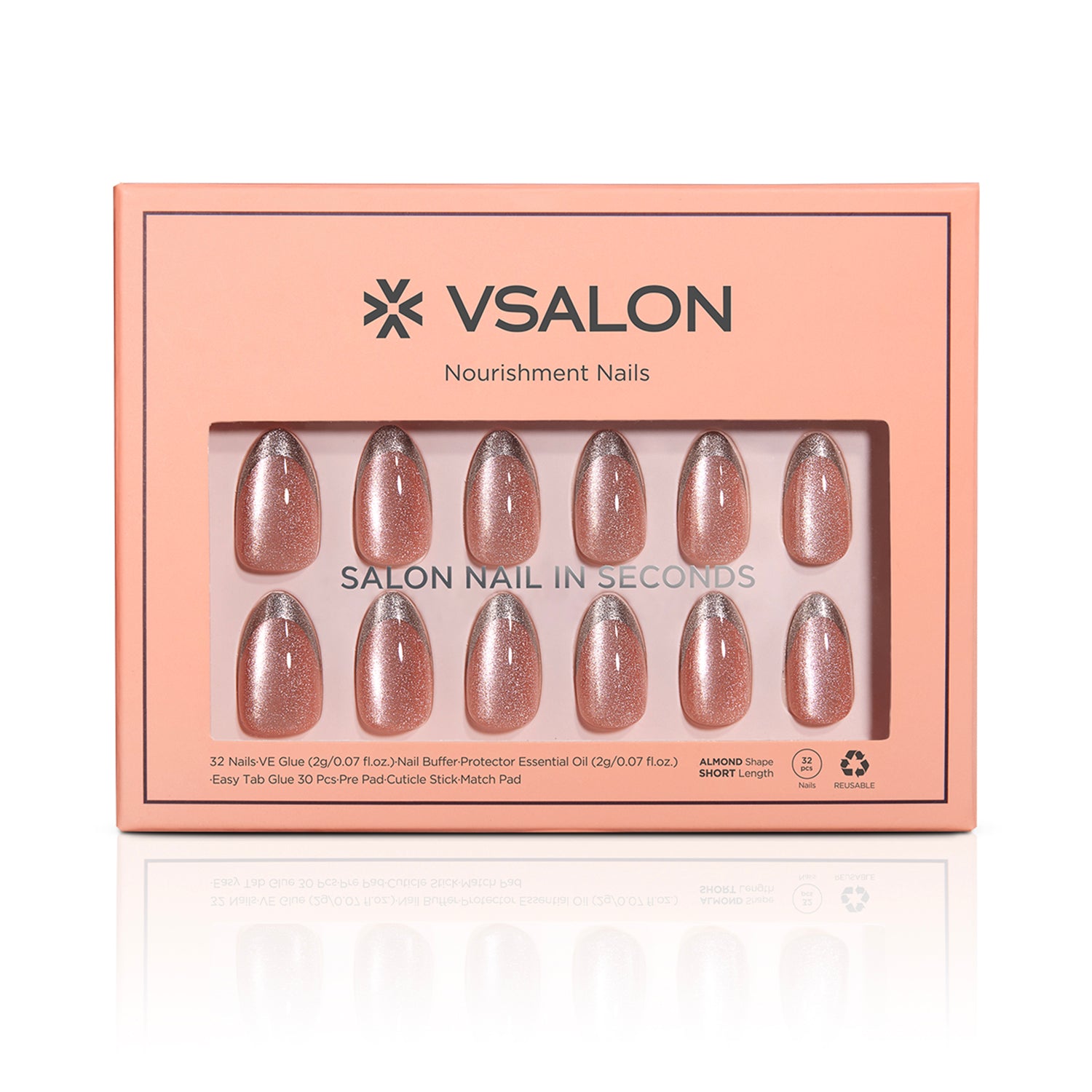 VSALON Nourishment First Dance Pink Metallic French Tips  Short Almond Press On Nails - Front view of press on nails box showing style and nail set details