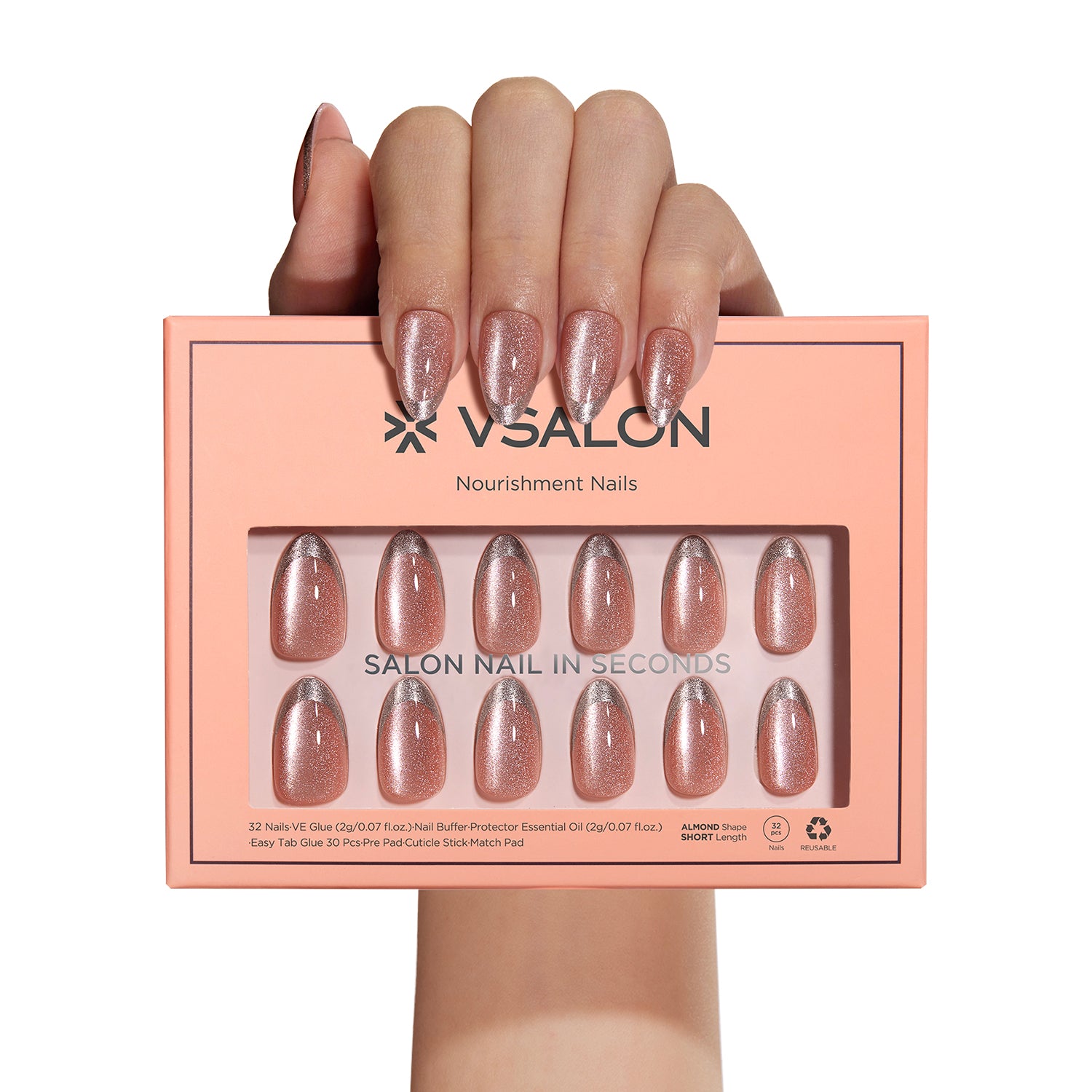 VSALON Nourishment First Dance Pink Metallic French Tips  Short Almond Press On Nails - Front view of press on nails box showing style and nail set details