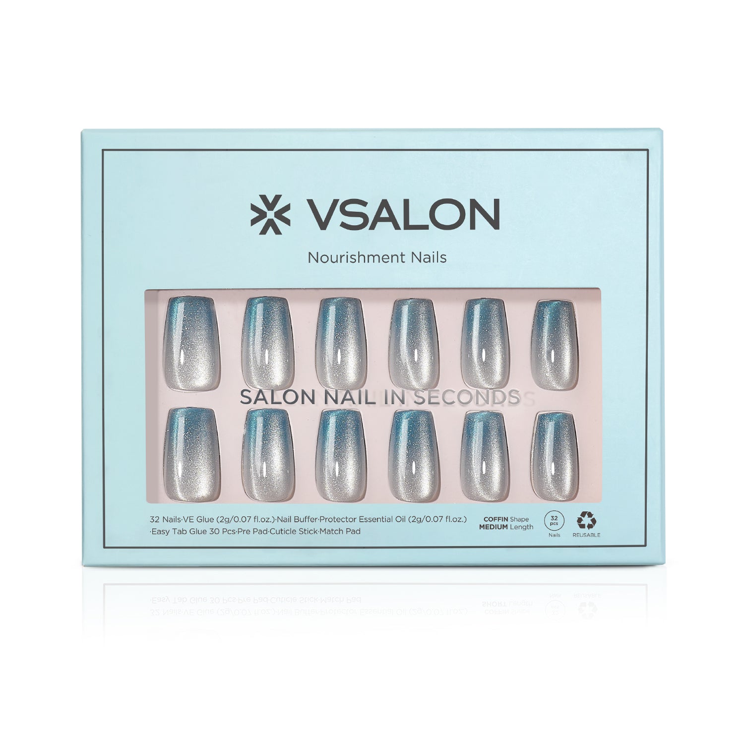 VSALON Nourishment Frozen Muse Silver Ombre Cat Eye Chrome Coffin Press On Nails - Front view of press on nails box showing style and nail set details