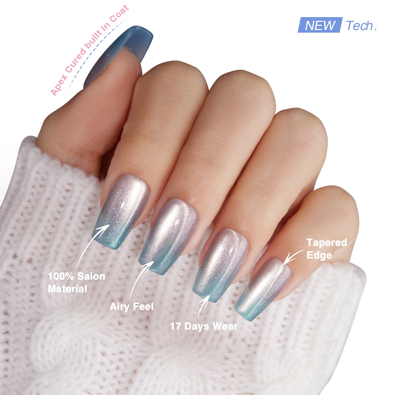 VSALON Nourishment Frozen Muse Silver Ombre Cat Eye Chrome Short Coffin Press On Nails - last up to 25+ days, salon-quality durability.