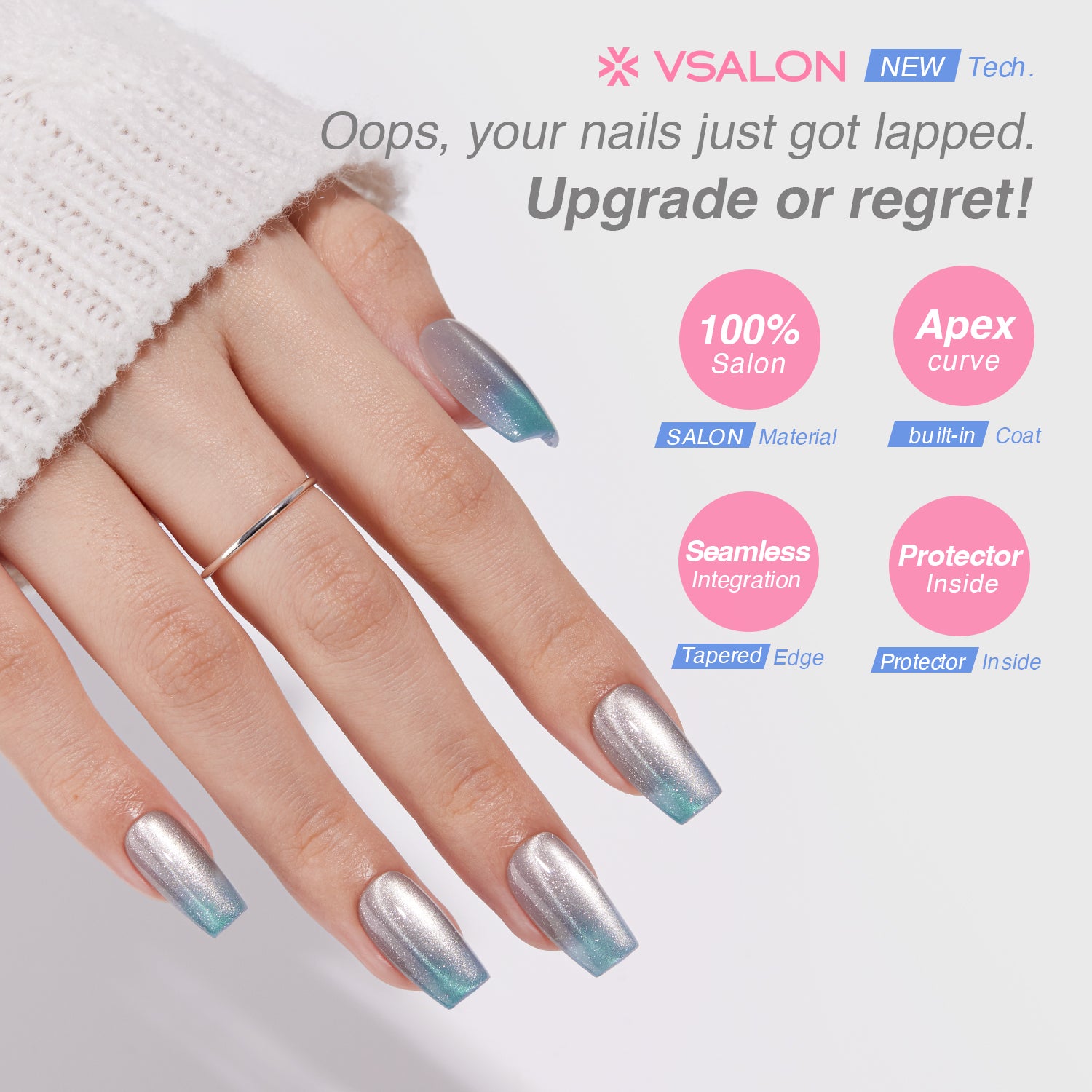 VSALON Nourishment Frozen Muse Silver Ombre Cat Eye Chrome Short Coffin Press On Nails - salon-quality finish and perfect shine.