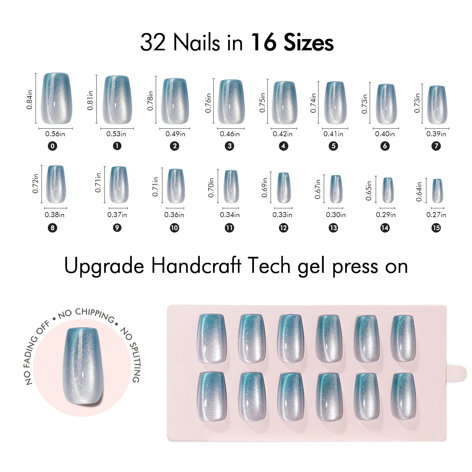 VSALON Nourishment Frozen Muse Silver Ombre Cat Eye Chrome Short Coffin Press On Nails Size Chart – shows length and width for each press on nail.