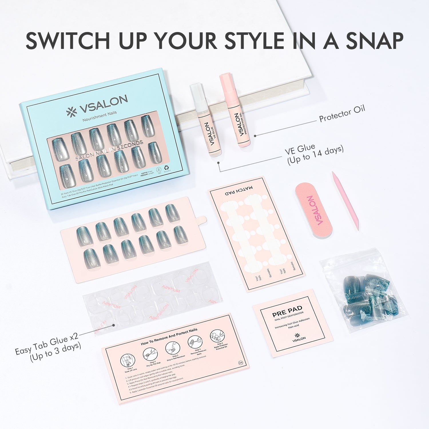 VSALON Nourishment Frozen Muse Silver Ombre Cat Eye Chrome Short Coffin Press On Nails - kit showing full package contents including nails, glue, and tools