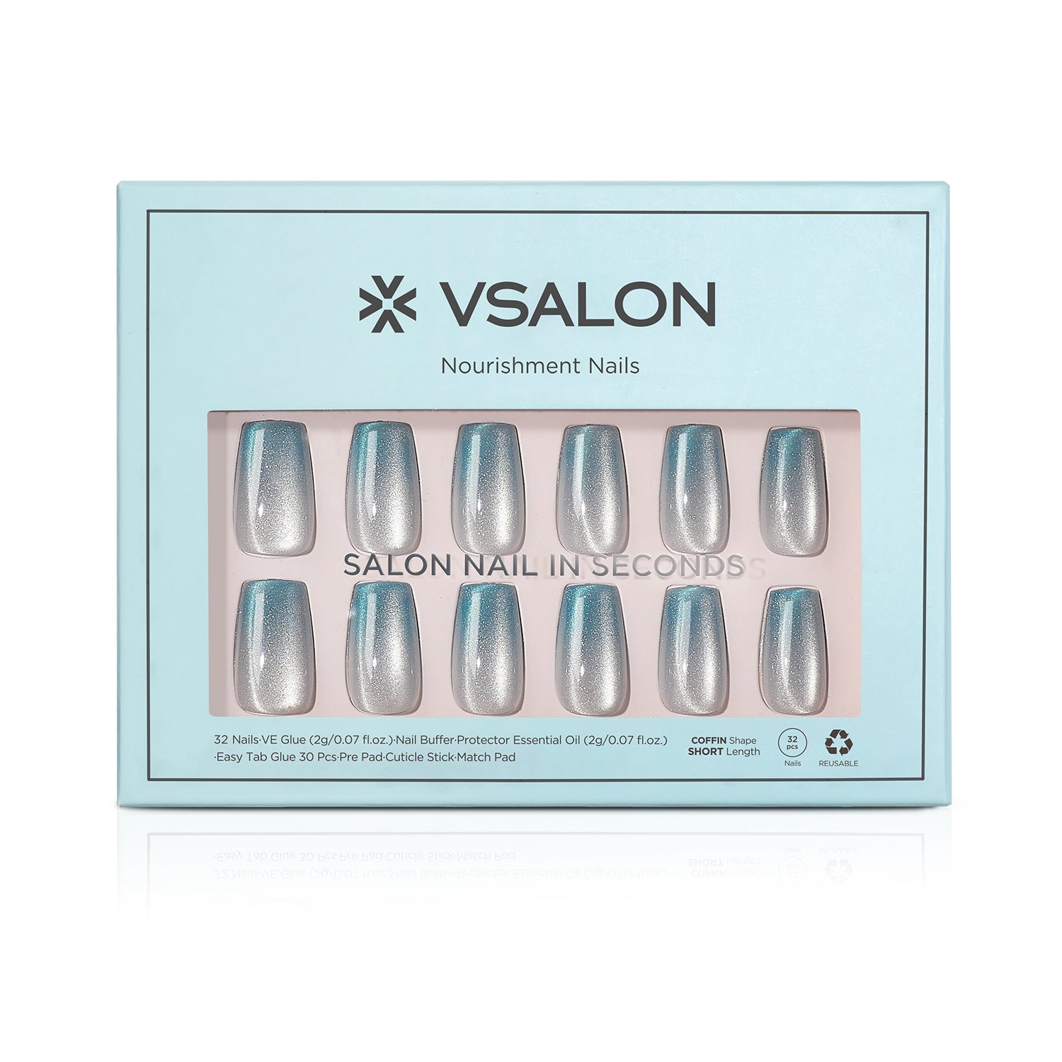 VSALON Nourishment Frozen Muse Silver Ombre Cat Eye Chrome Short Coffin Press On Nails - Front view of press on nails box showing style and nail set details