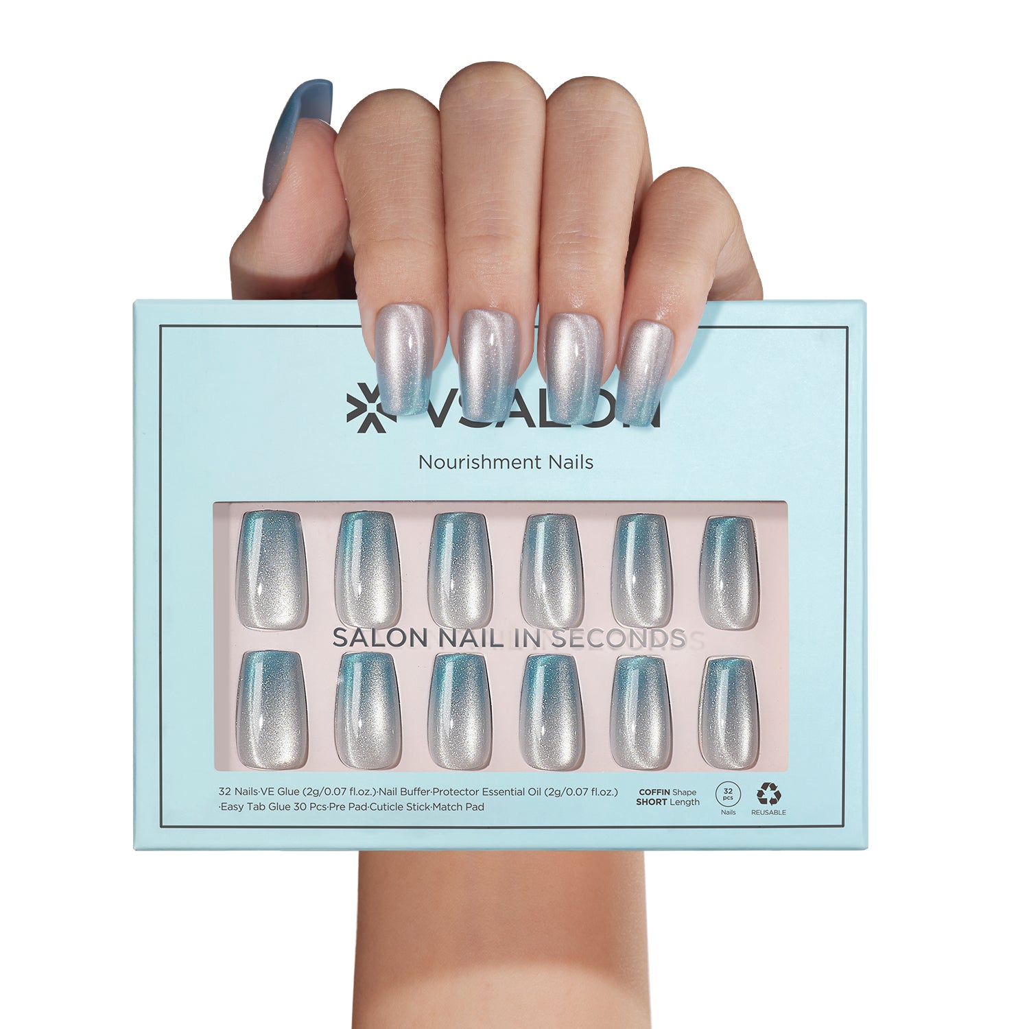 VSALON Nourishment Frozen Muse Silver Ombre Cat Eye Chrome Short Coffin Press On Nails - model's hand holding the top of the box – displaying nail design and product packaging