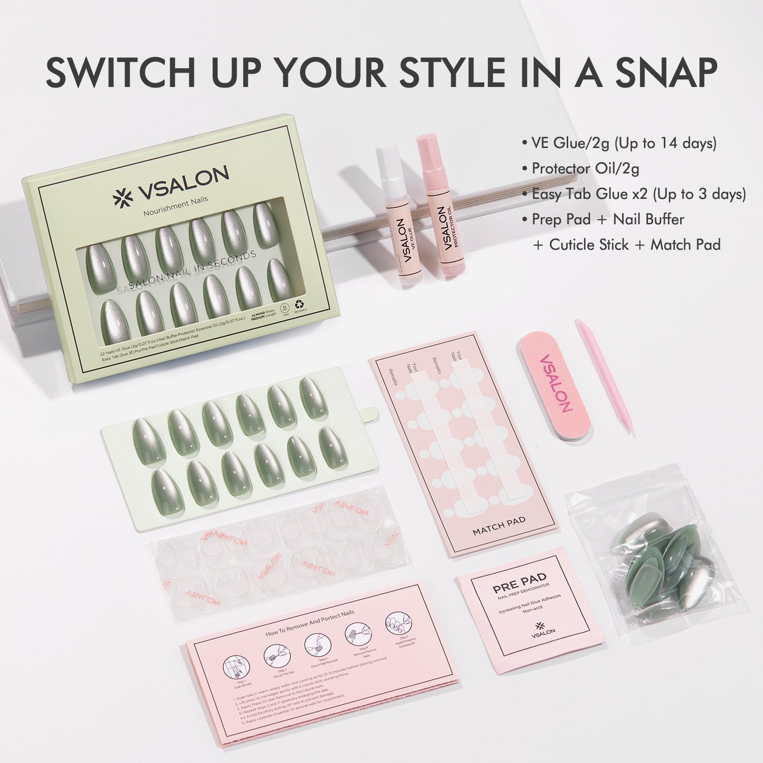 VSALON Nourishment Goblin Cat Eye Short Almond Press On Nails - salon-quality finish and perfect shine.