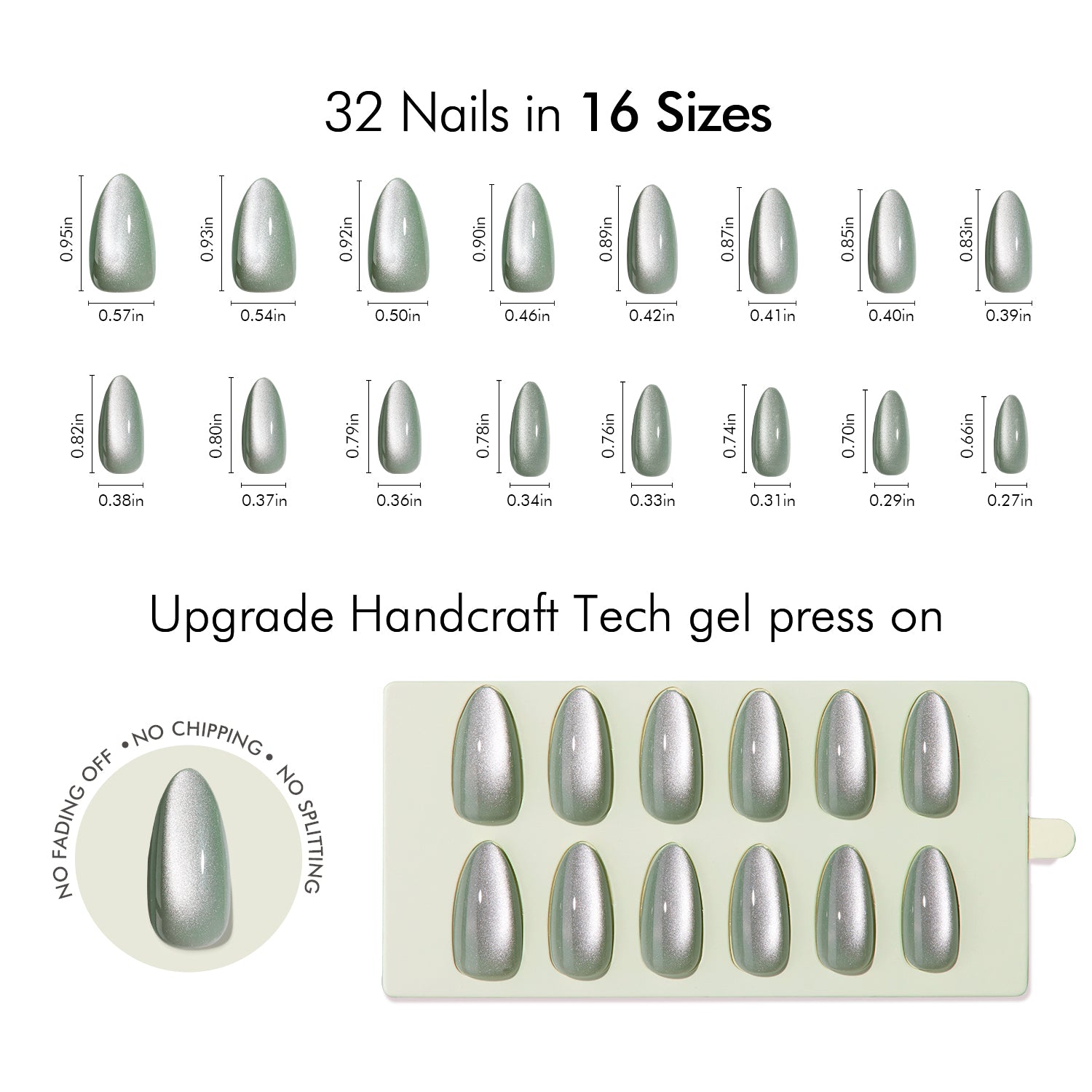 VSALON Nourishment Goblin Cat Eye Short Almond Press On Nails Size Chart – shows length and width for each press on nail.