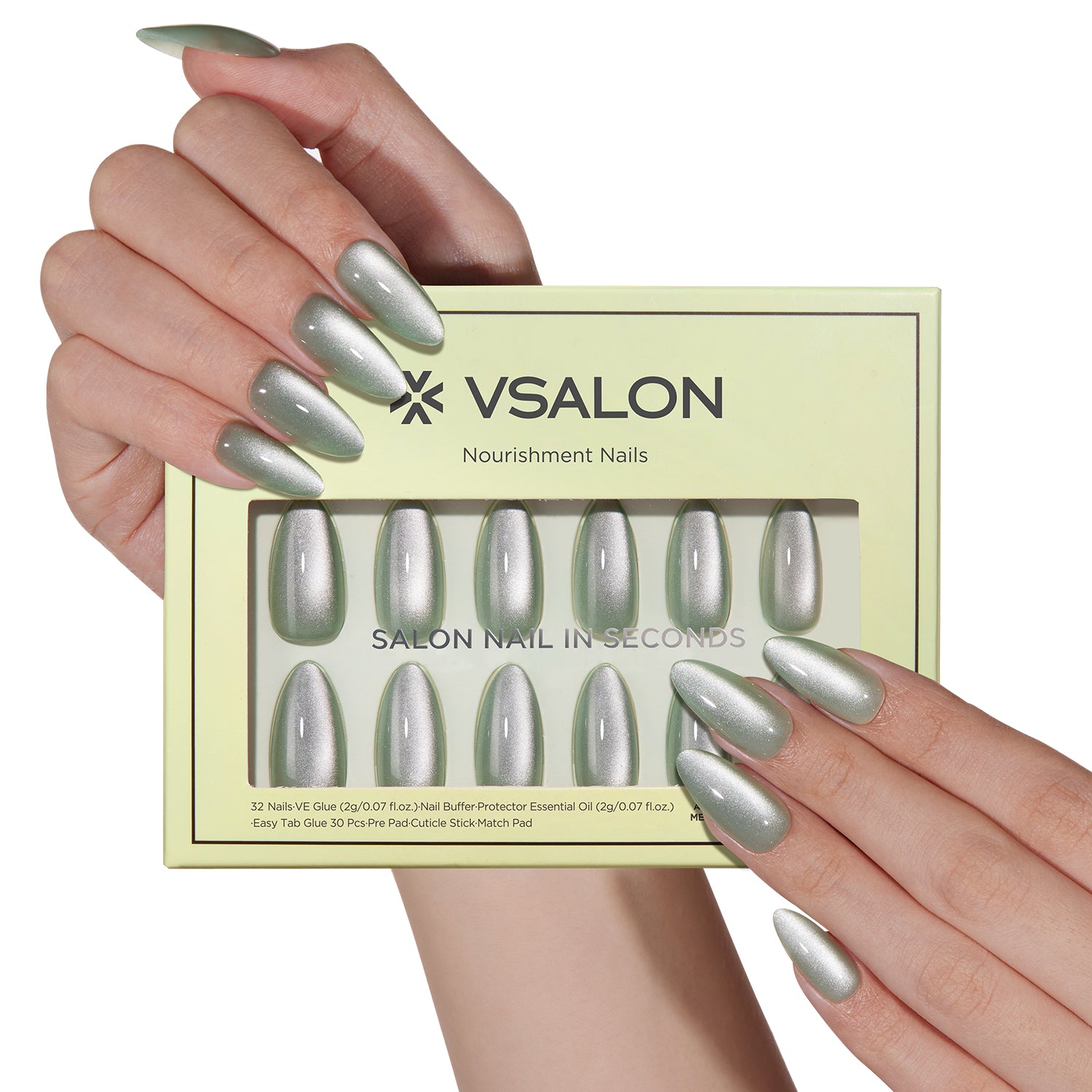 VSALON Nourishment Goblin Cat Eye Short Almond Press On Nails - durable, easy to apply at home.