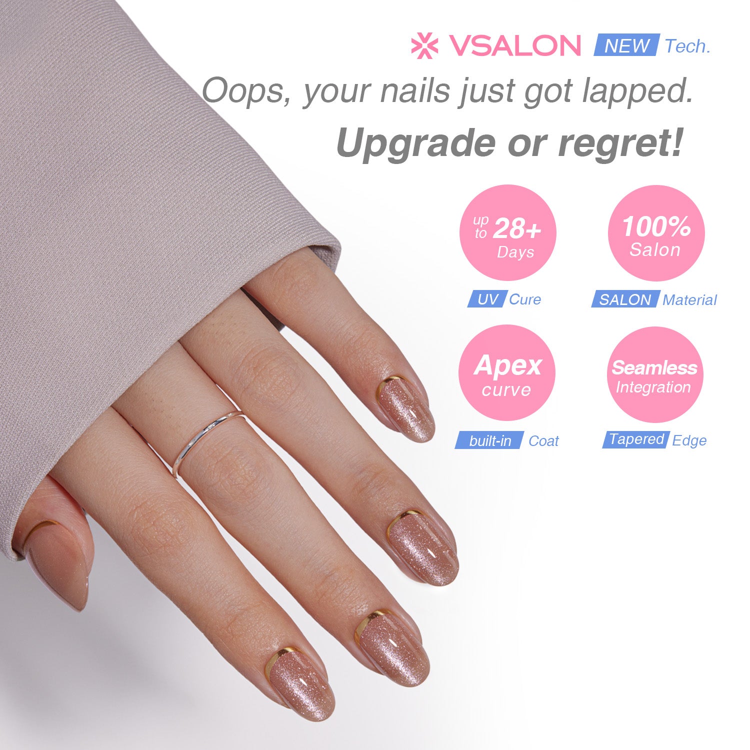 VSALON UV Cure Nails Gold Ring Luxury Short Oval Press On Nails - last up to 25+ days, salon-quality durability.