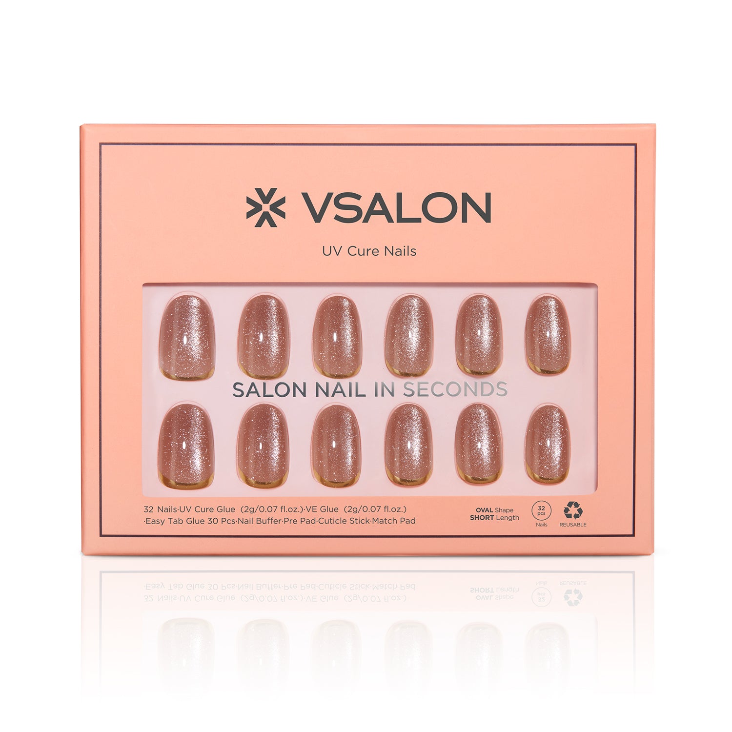 VSALON UV Cure Nails Gold Ring Luxury Short Oval Press On Nails - easy to apply, salon-quality, lasts 25+ days.