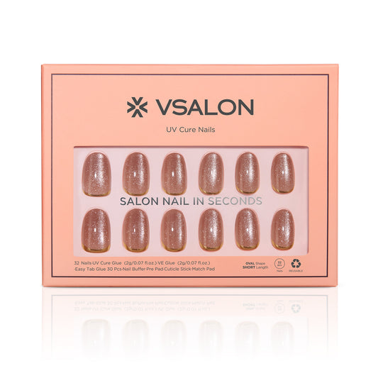 VSALON UV Cure Nails Gold Ring Luxury Short Oval Press On Nails - easy to apply, salon-quality, lasts 25+ days.