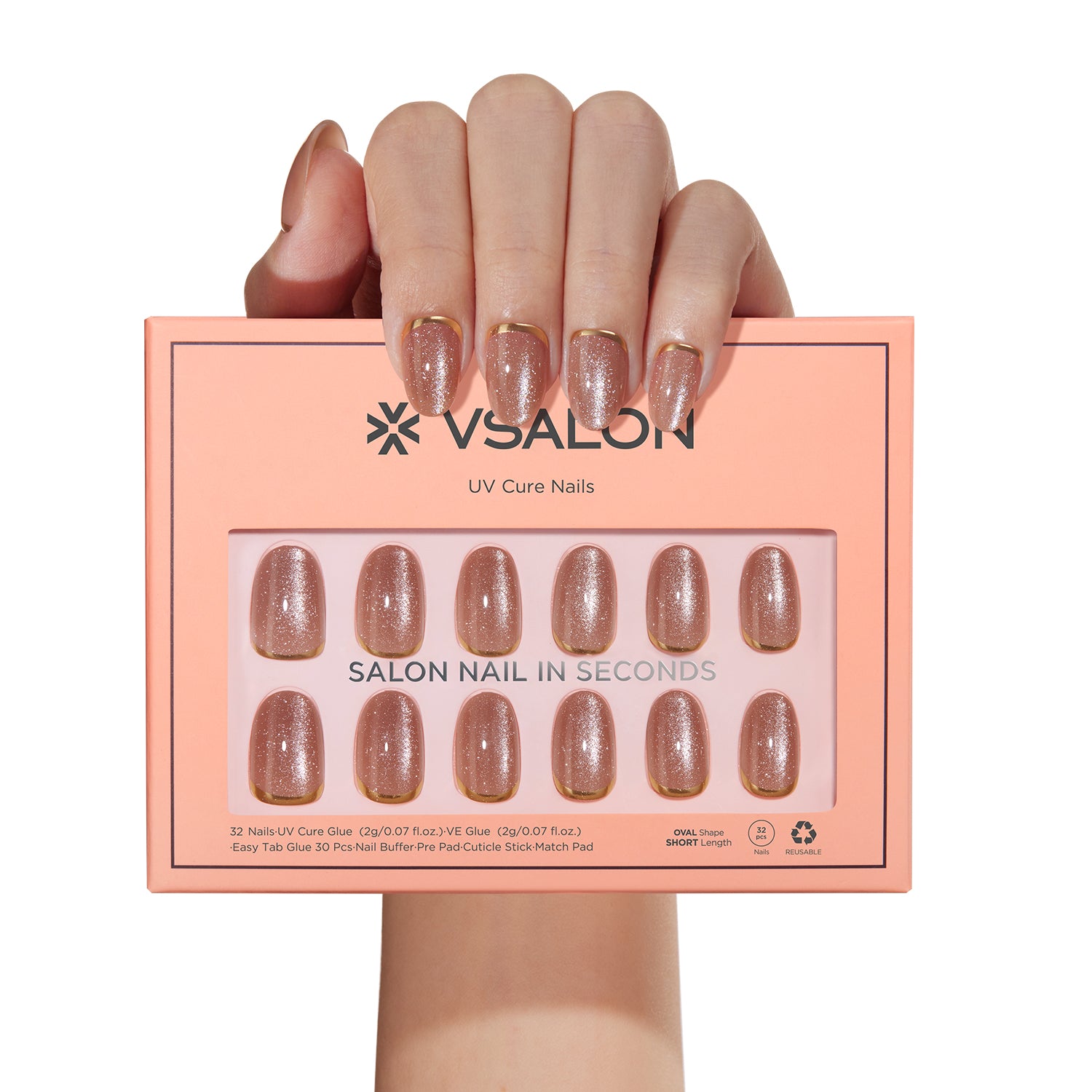 VSALON UV Cure Nails Gold Ring Luxury Short Oval Press On Nails - durable, easy to apply at home.