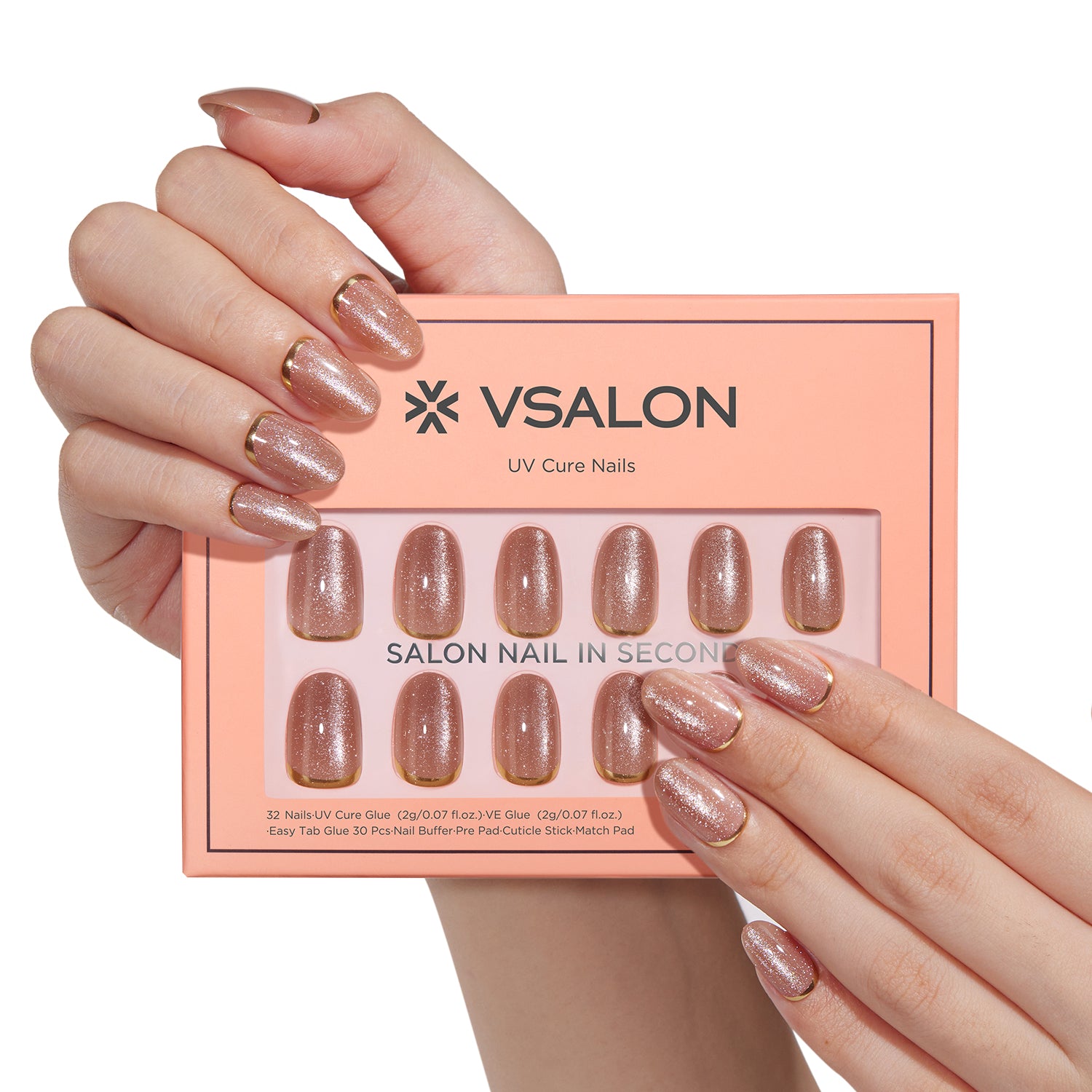 VSALON UV Cure Nails Gold Ring Luxury Short Oval Press On Nails - durable, easy to apply at home.