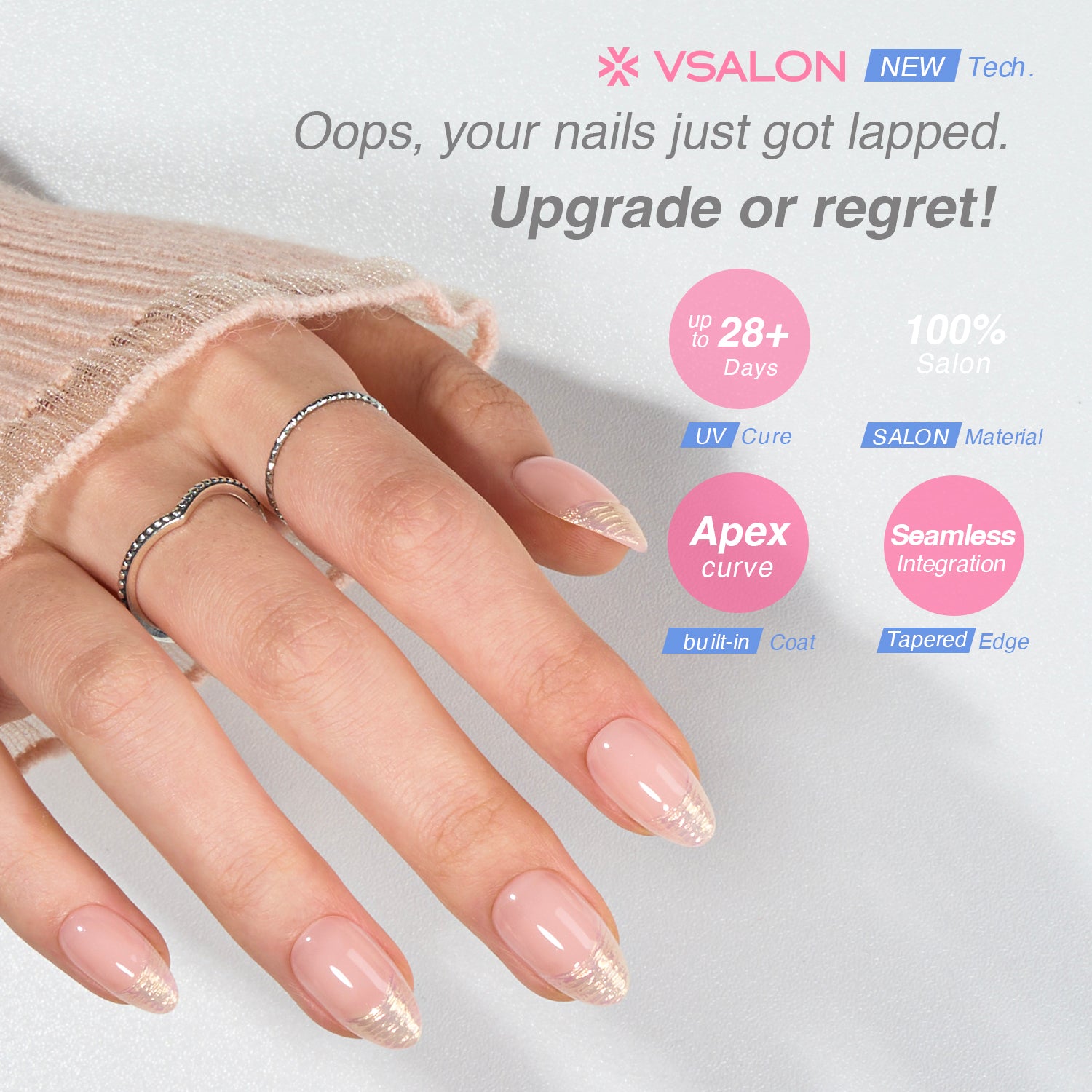 VSALON UV Cure Nails Golden Dream Nude Pink Ombre French Tips Short Almond Press On Nails - salon-quality finish and perfect shine.