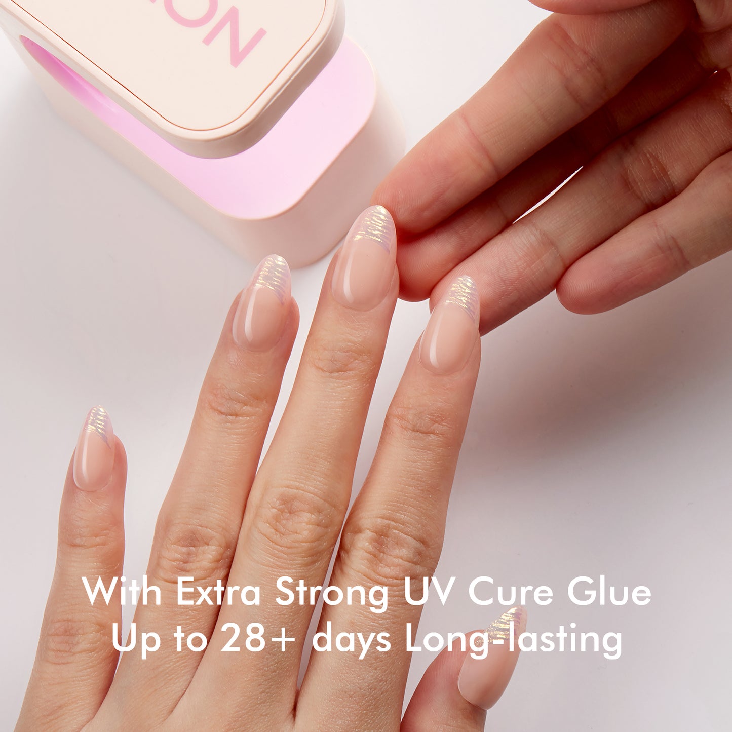 VSALON UV Cure Nails Golden Dream Nude Pink Ombre French Tips Short Almond Press On Nails - last up to 25+ days, salon-quality durability.