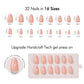 VSALON UV Cure Nails Golden Dream Nude Pink Ombre French Tips Short Almond Press On Nails Size Chart – shows length and width for each press on nail.