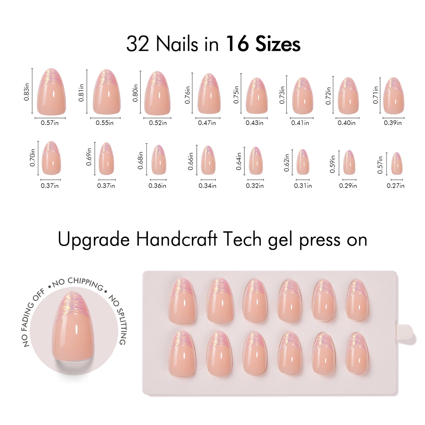 VSALON UV Cure Nails Golden Dream Nude Pink Ombre French Tips Short Almond Press On Nails Size Chart – shows length and width for each press on nail.