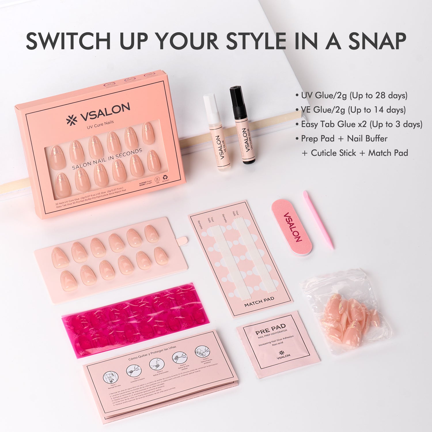 VSALON UV Cure Nails Golden Dream Nude Pink Ombre French Tips Short Almond Press On Nails - kit showing full package contents including nails, glue, and tools
