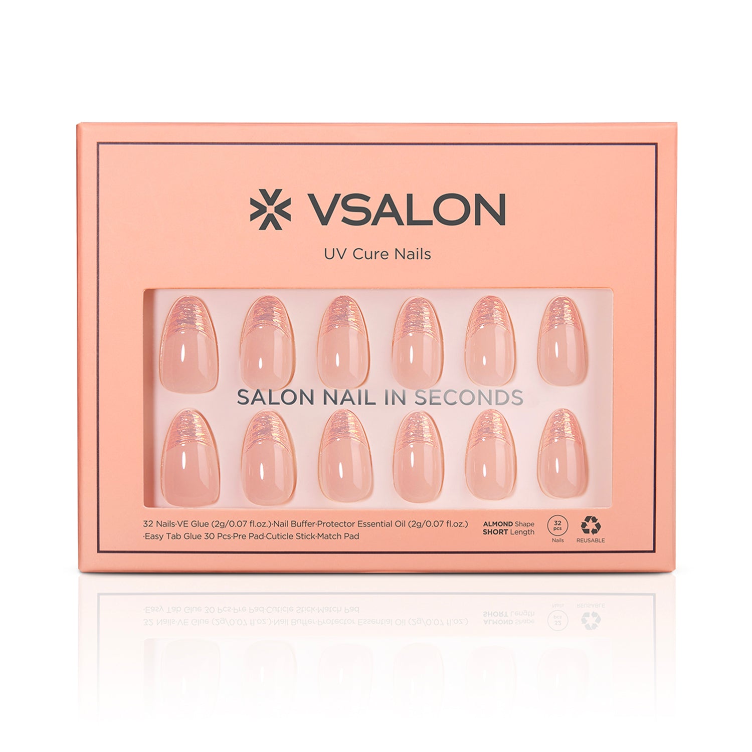 VSALON UV Cure Nails Golden Dream Nude Pink Ombre French Tips Short Almond Press On Nails - Front view of VSALON press on nails box showing style and nail set details