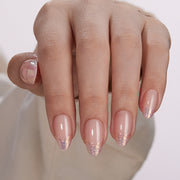 VSALON UV Cure Nails Golden Dream Nude Pink Ombre French Tips Short Almond Press On Nails - model wearing